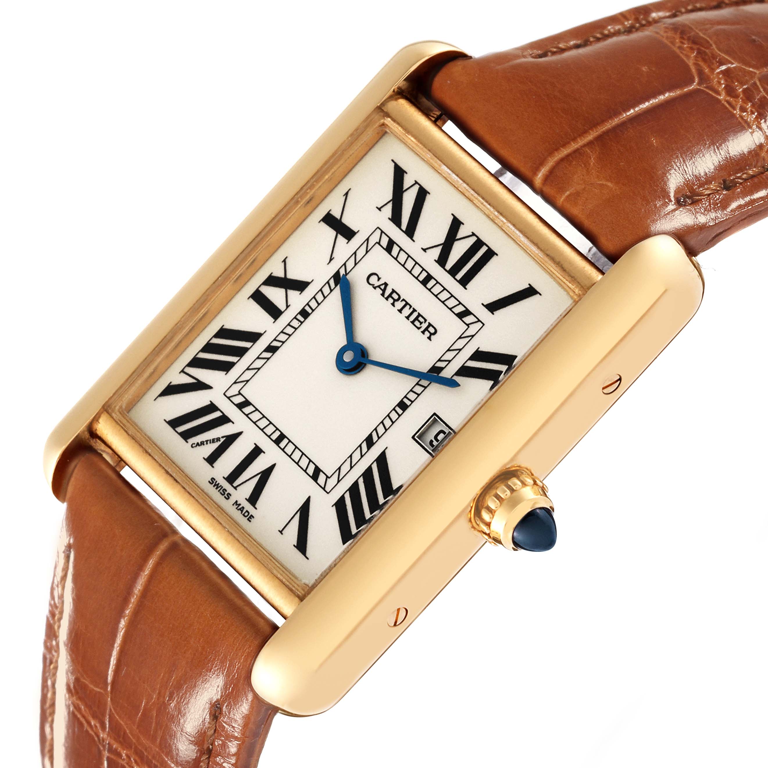 The image shows a close-up view of a Cartier Tank Louis W1529756 Men's Yellow Gold Silver Dial W1529756 Men's Yellow Gold Silver Dial watch, highlighting the dial, Roman numerals, blue hands, case, and crown.