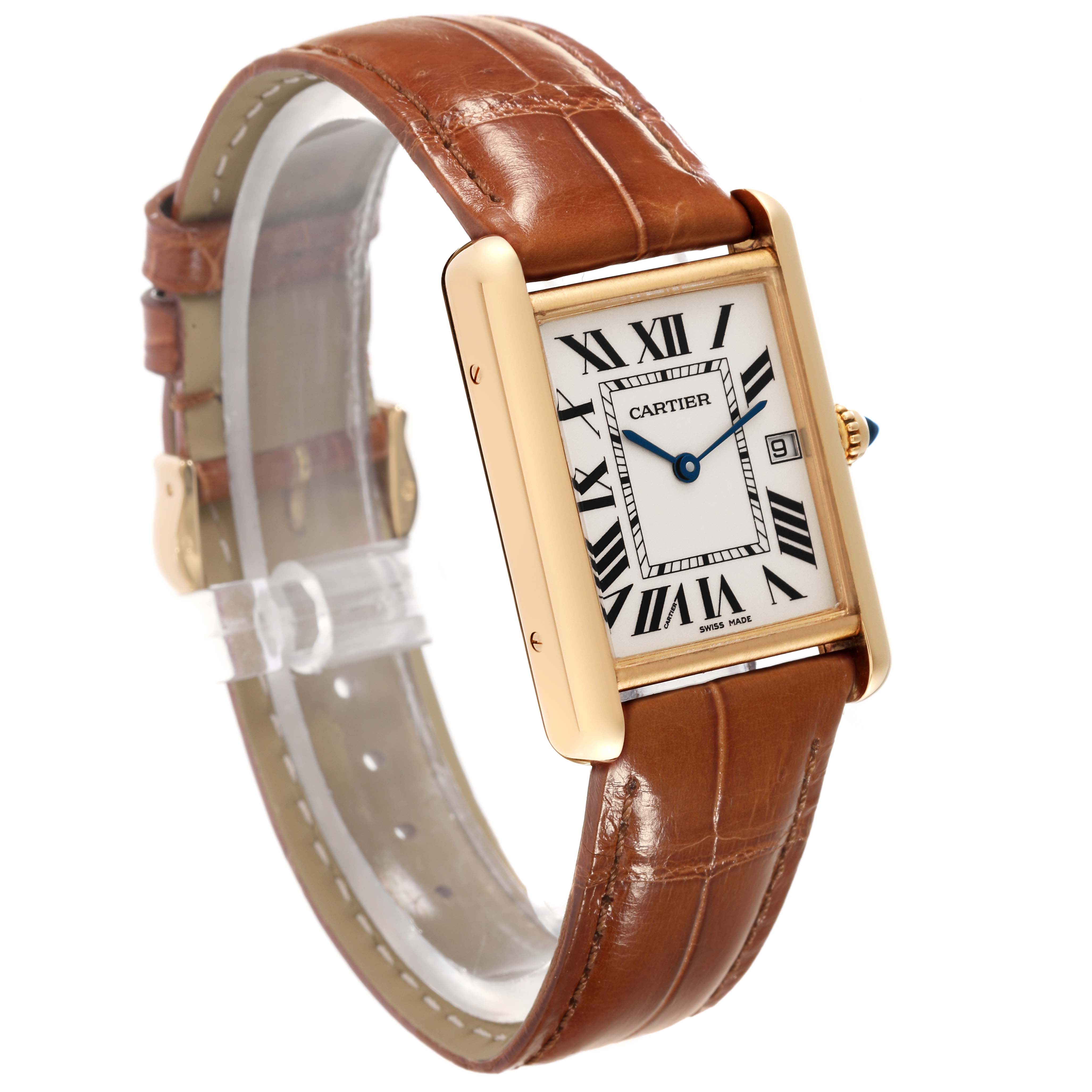 The image shows a Cartier Tank Louis W1529756 Men's Yellow Gold Silver Dial W1529756 Men's Yellow Gold Silver Dial watch at a three-quarter angle, highlighting the face, case, and leather strap.