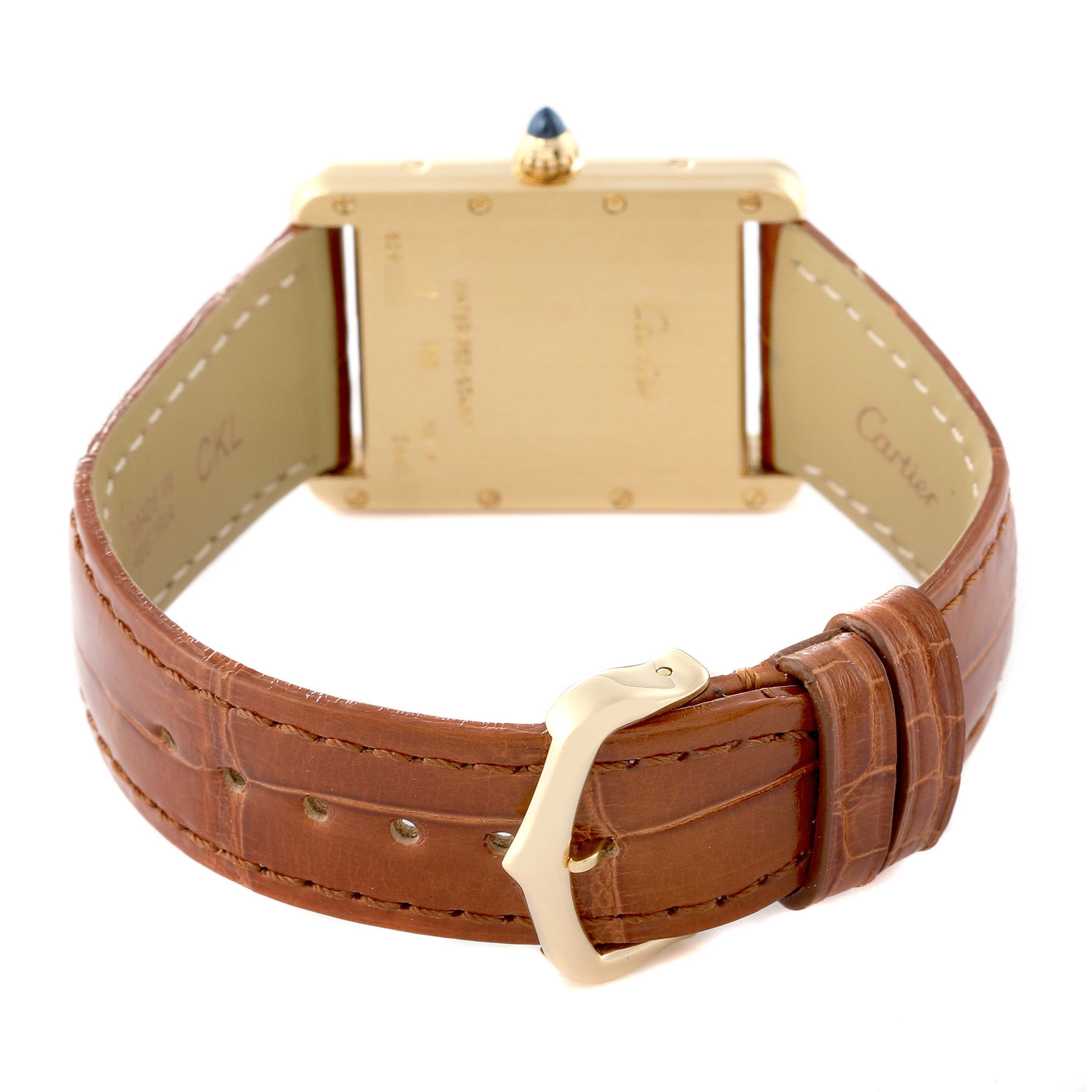 The image shows the back view of a Cartier Tank Louis W1529756 Men's Yellow Gold Silver Dial W1529756 Men's Yellow Gold Silver Dial watch, highlighting the case back, crown, and leather strap with a buckle.