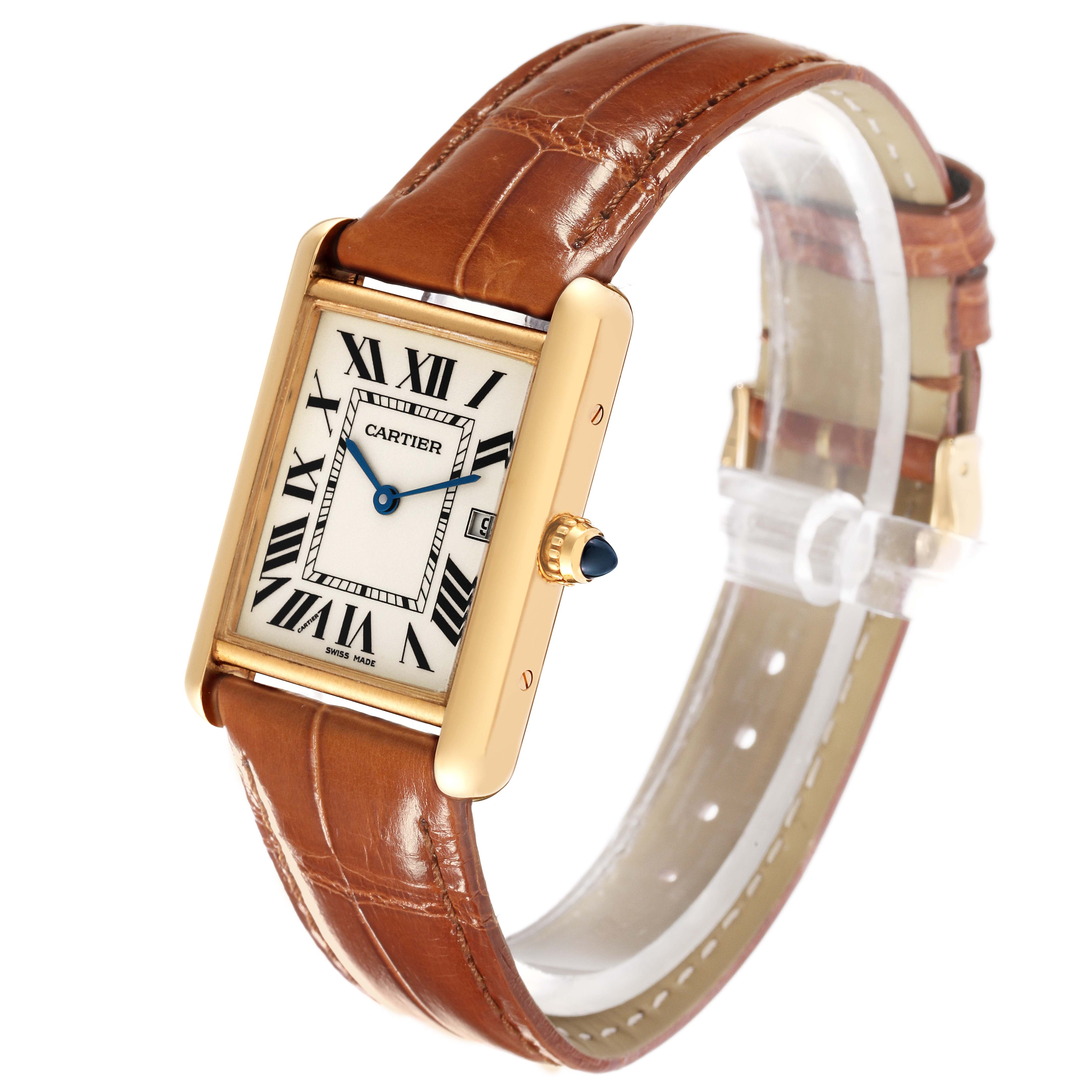 This image shows the Cartier Tank Louis W1529756 Men's Yellow Gold Silver Dial W1529756 Men's Yellow Gold Silver Dial model watch at a slight angle, displaying the face, brown leather strap, and gold case.