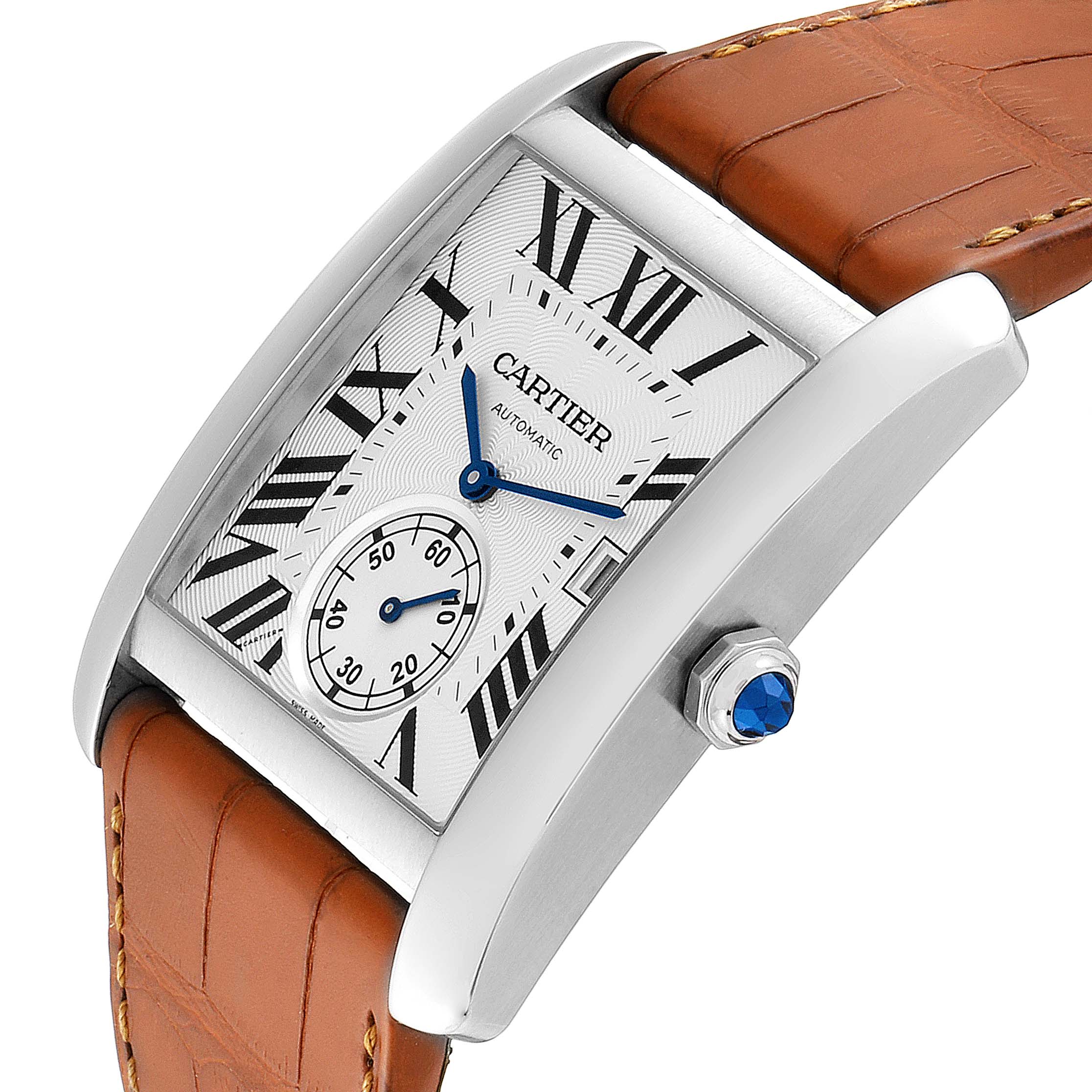 The Cartier Tank MC W5330003 Men's Stainless Steel Silver Dial W5330003 Men's Stainless Steel Silver Dial watch is shown at an angle highlighting the face, Roman numerals, sub-dial, and brown leather strap.