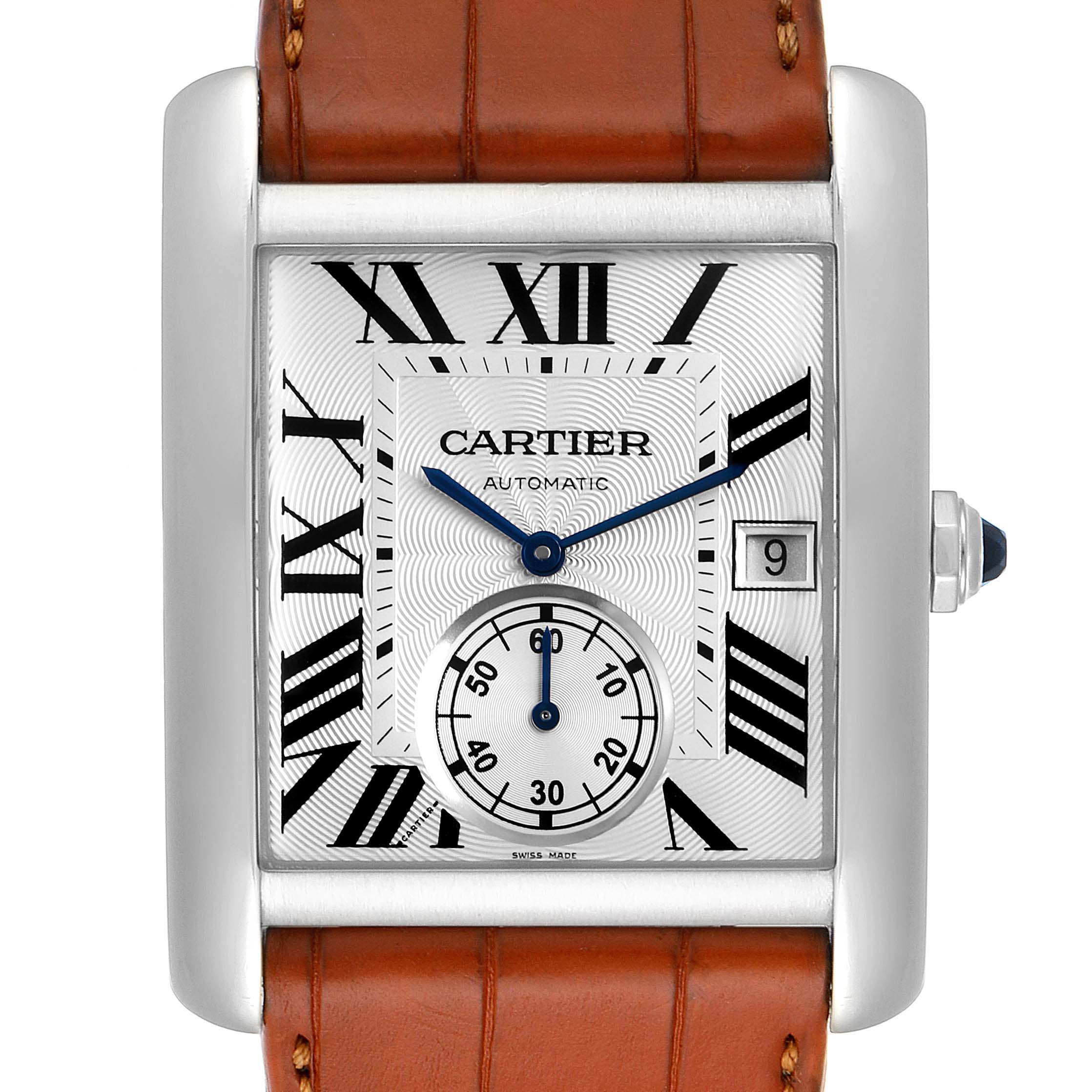 The Cartier Tank MC W5330003 Men's Stainless Steel Silver Dial W5330003 Men's Stainless Steel Silver Dial watch is shown from a front angle, displaying the dial, hour markers, hands, and date window clearly.