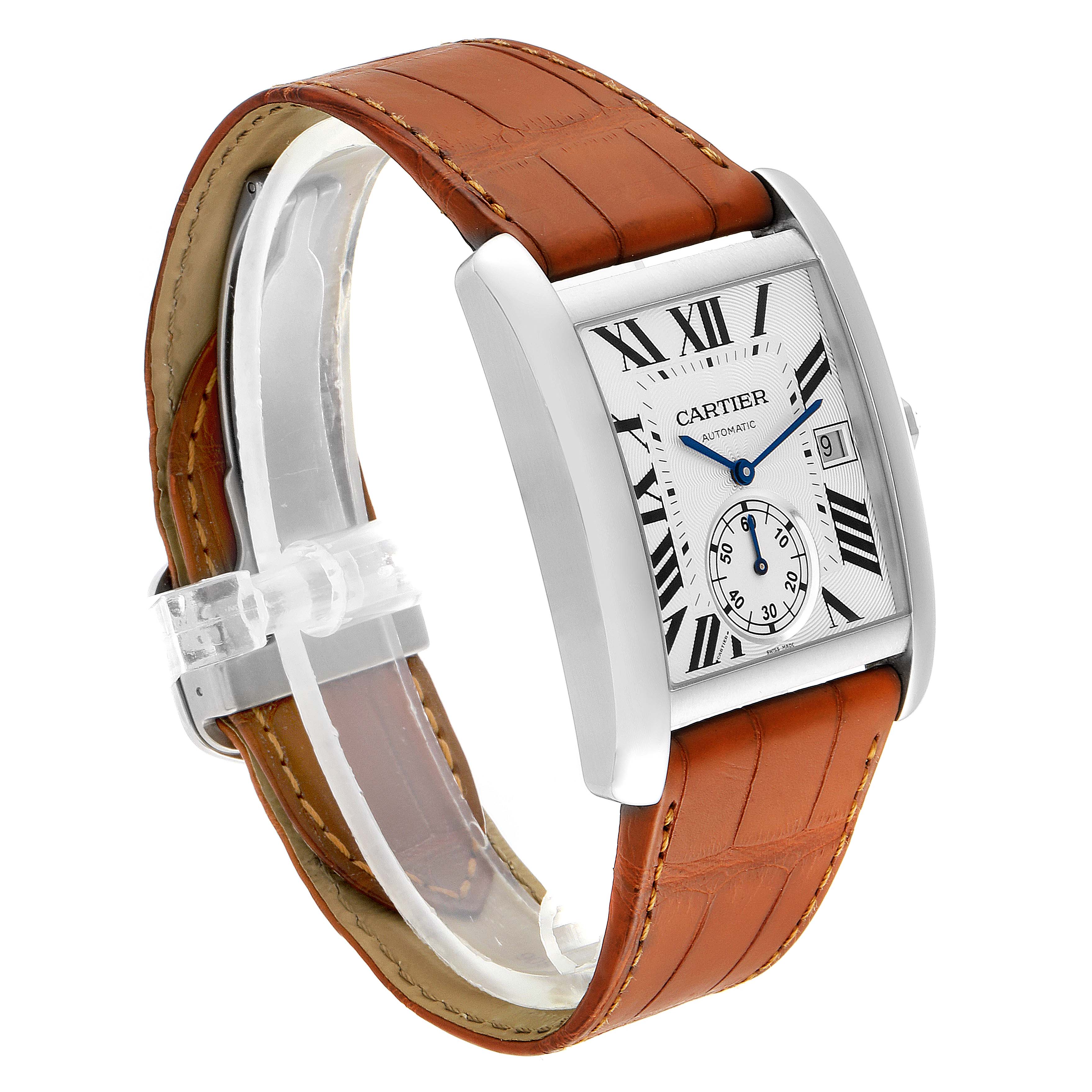 The image shows a Cartier Tank MC W5330003 Men's Stainless Steel Silver Dial W5330003 Men's Stainless Steel Silver Dial watch at an angled side view, displaying the face, casing, and brown leather strap.