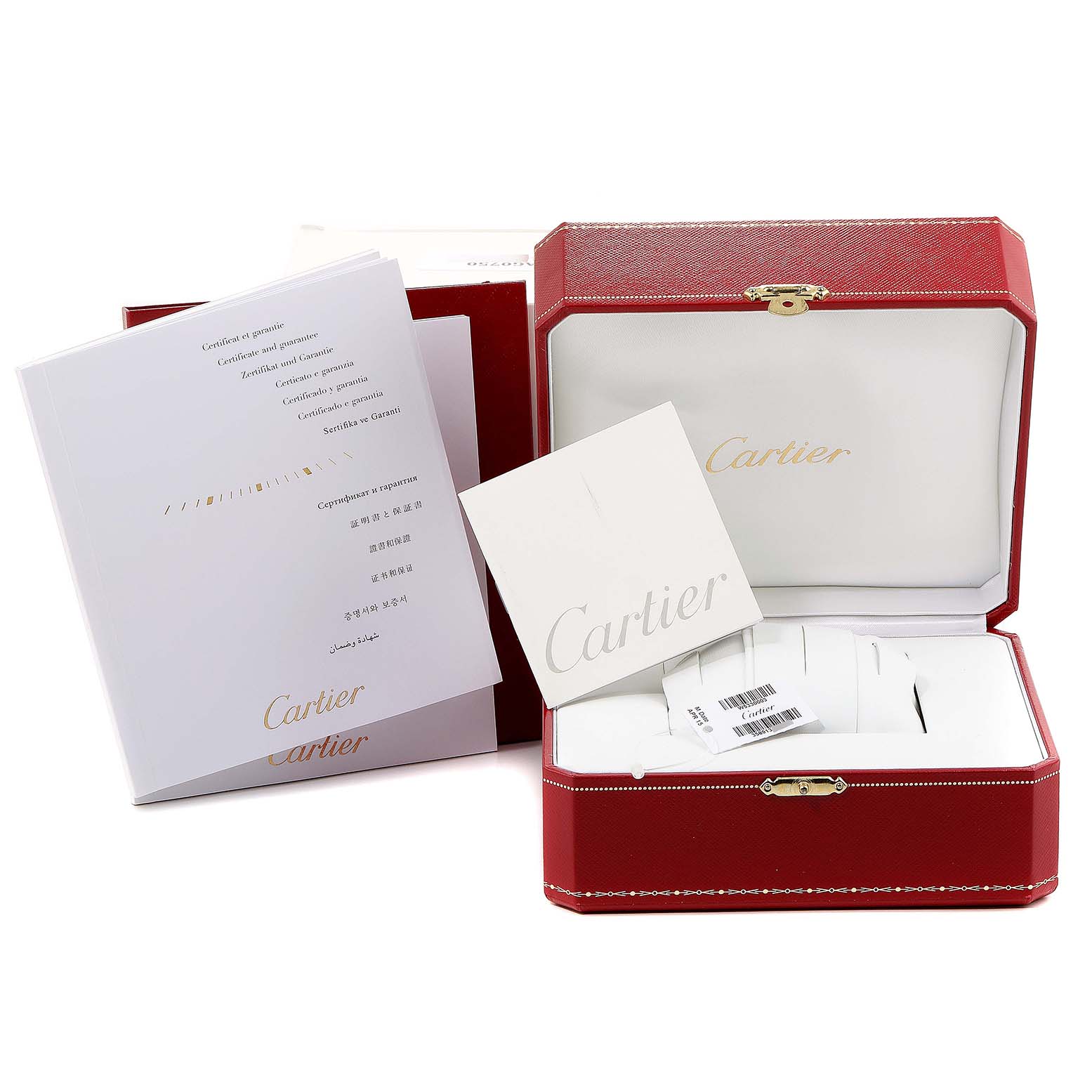 The image shows the accessories for the Cartier Tank MC W5330003 Men's Stainless Steel Silver Dial W5330003 Men's Stainless Steel Silver Dial model, including its red box and documentation.