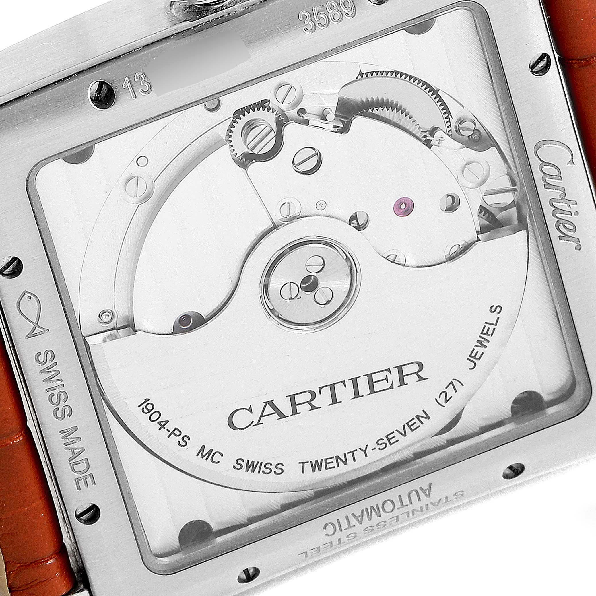 The image shows the back of the Cartier Tank MC W5330003 Men's Stainless Steel Silver Dial W5330003 Men's Stainless Steel Silver Dial watch, highlighting its internal mechanical movement.
