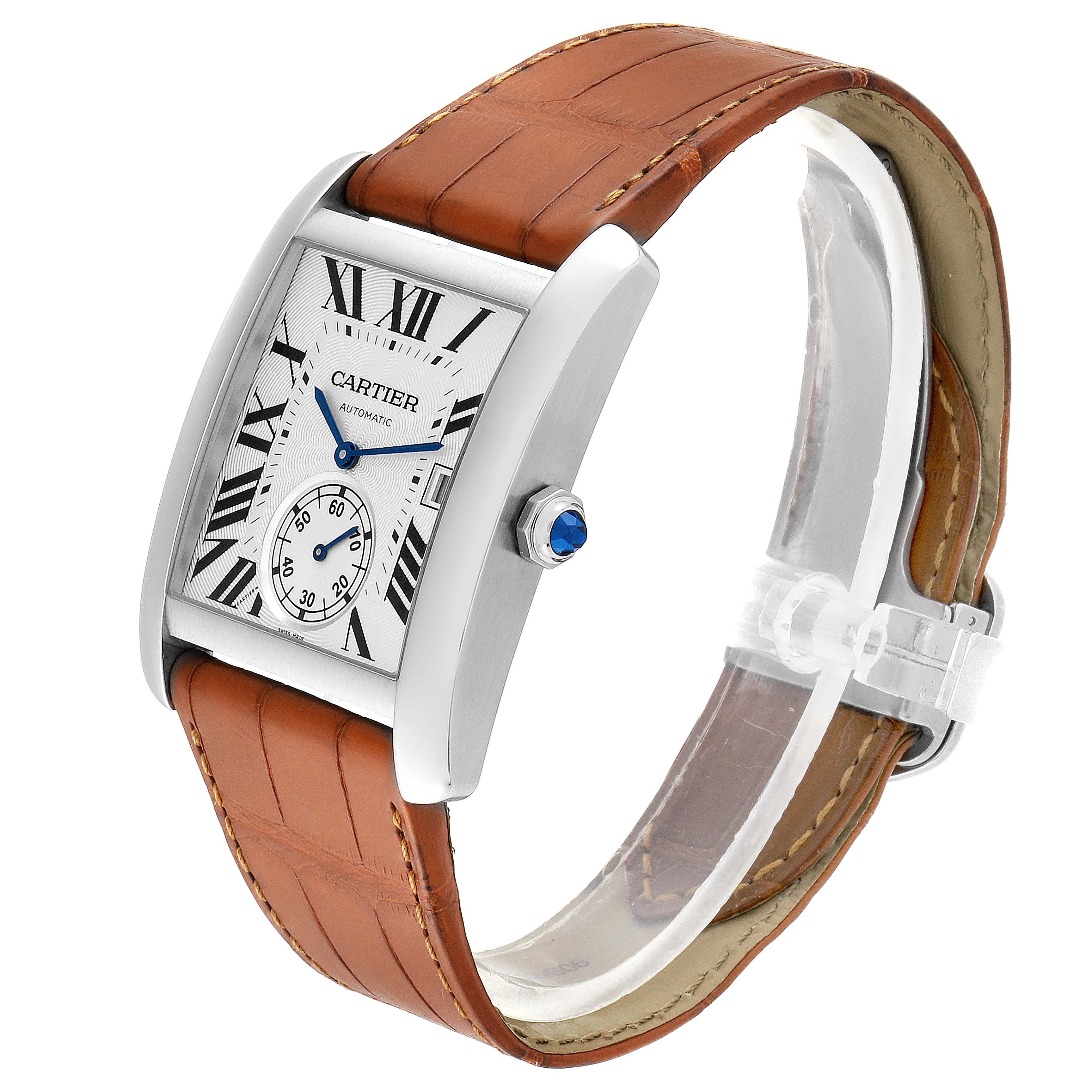 This image shows a side angle of the Cartier Tank MC W5330003 Men's Stainless Steel Silver Dial W5330003 Men's Stainless Steel Silver Dial watch, highlighting the rectangular face, crown, and brown leather strap.