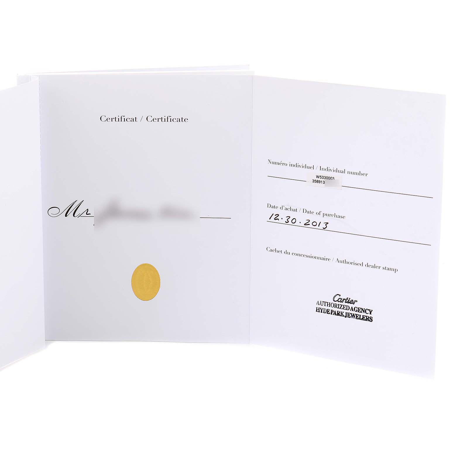 The image shows the authentication certificate for the Cartier Tank MC W5330003 Men's Stainless Steel Silver Dial W5330003 Men's Stainless Steel Silver Dial watch model.