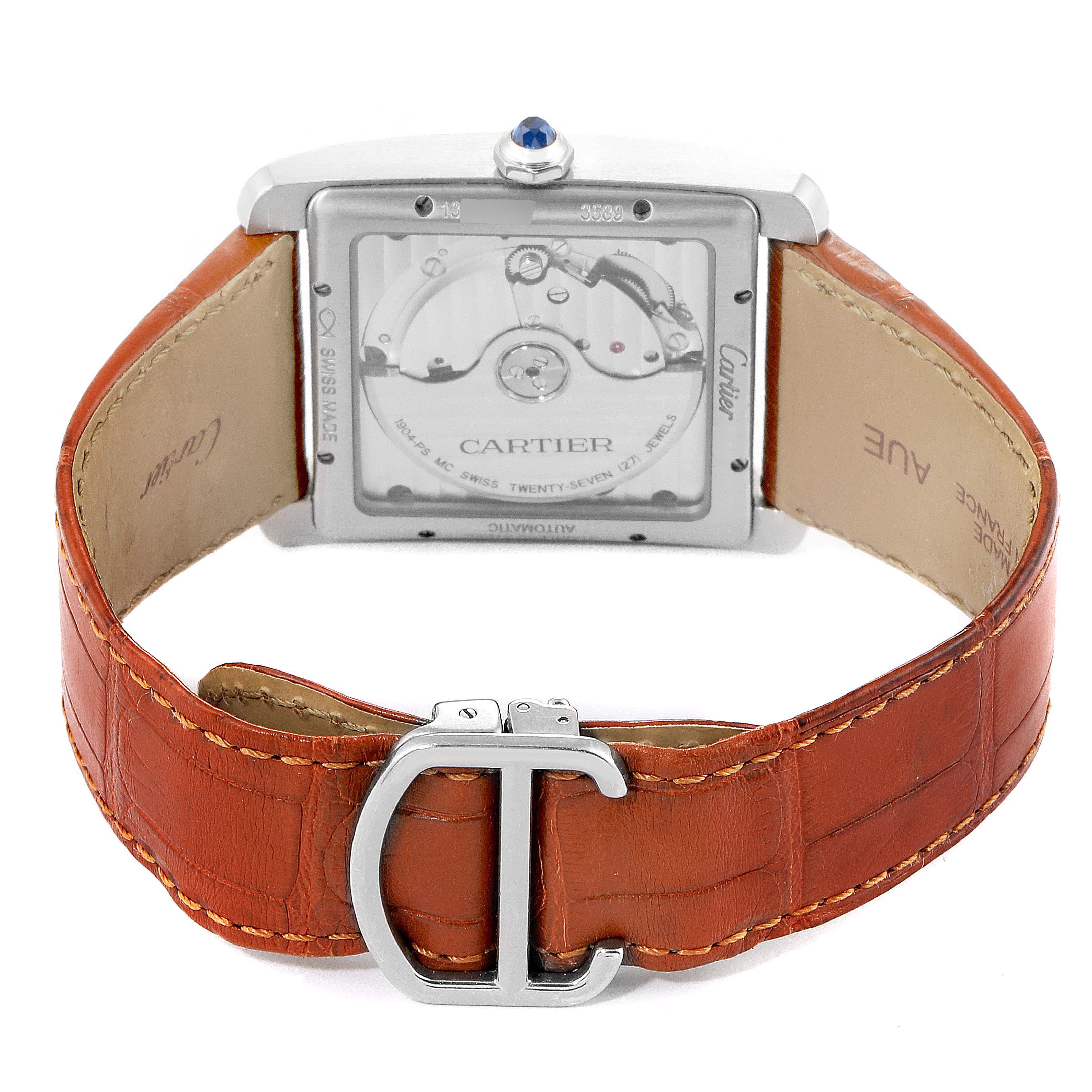 The image shows the back view of the Cartier Tank MC W5330003 Men's Stainless Steel Silver Dial W5330003 Men's Stainless Steel Silver Dial watch, highlighting its movement and leather strap with the buckle.