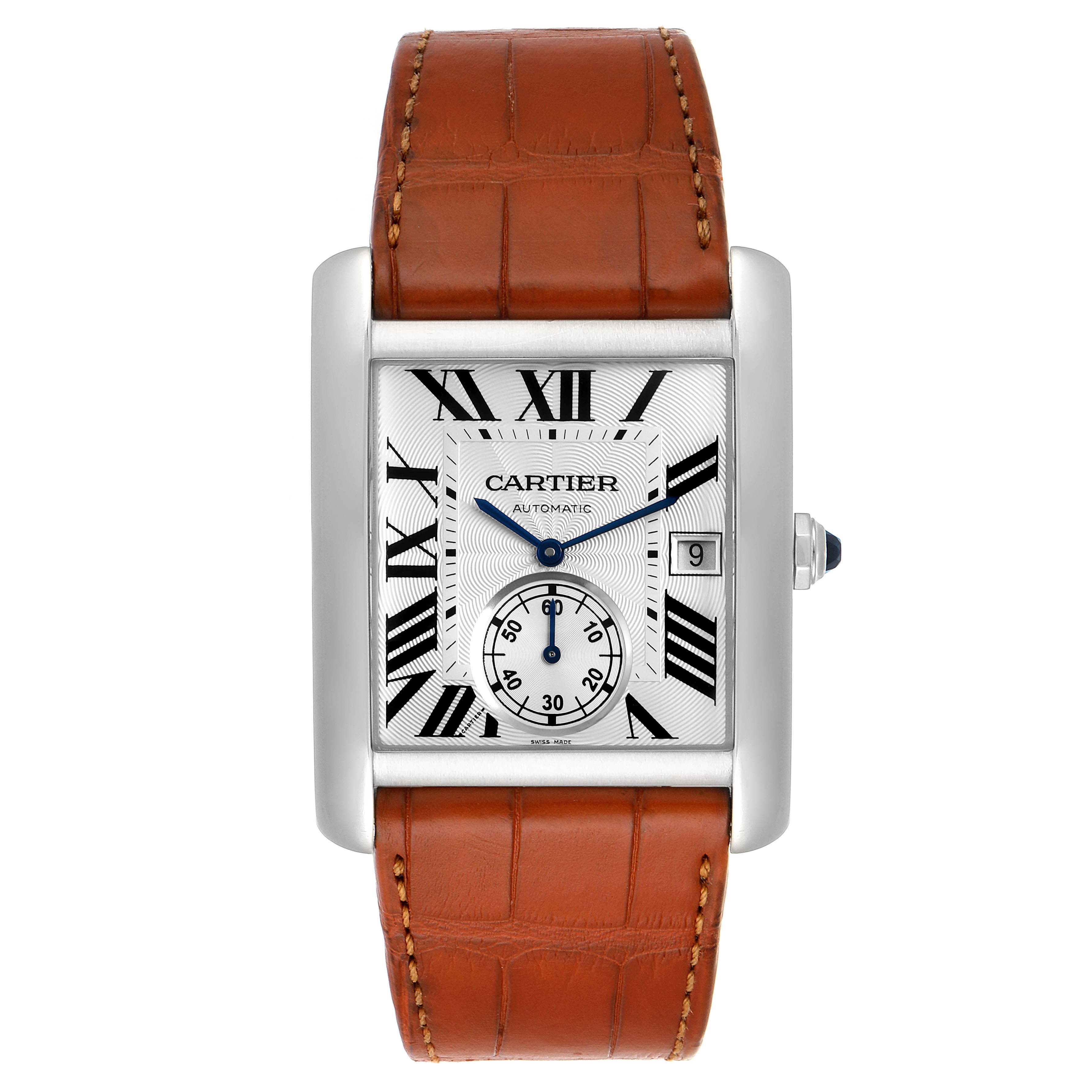 This image shows a Cartier Tank MC W5330003 Men's Stainless Steel Silver Dial W5330003 Men's Stainless Steel Silver Dial watch front-on, featuring a brown leather strap, rectangular face, Roman numerals, and a date window.
