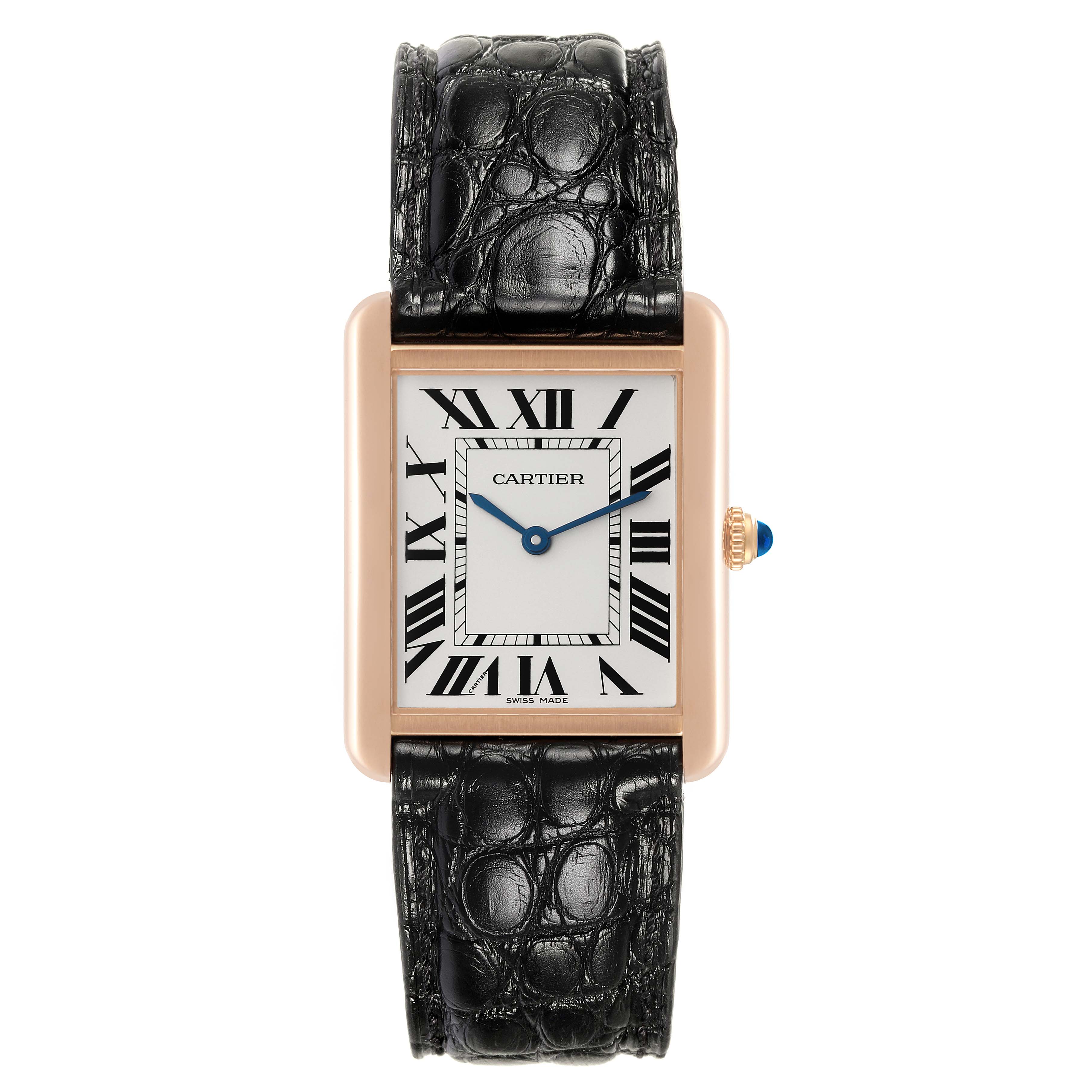 This image shows a Cartier Tank Solo W5200025 Men's Steel and Gold (two tone) Silver Dial W5200025 Men's Steel and Gold (two tone) Silver Dial watch, featuring a rectangular face, Roman numerals, and a black leather strap.