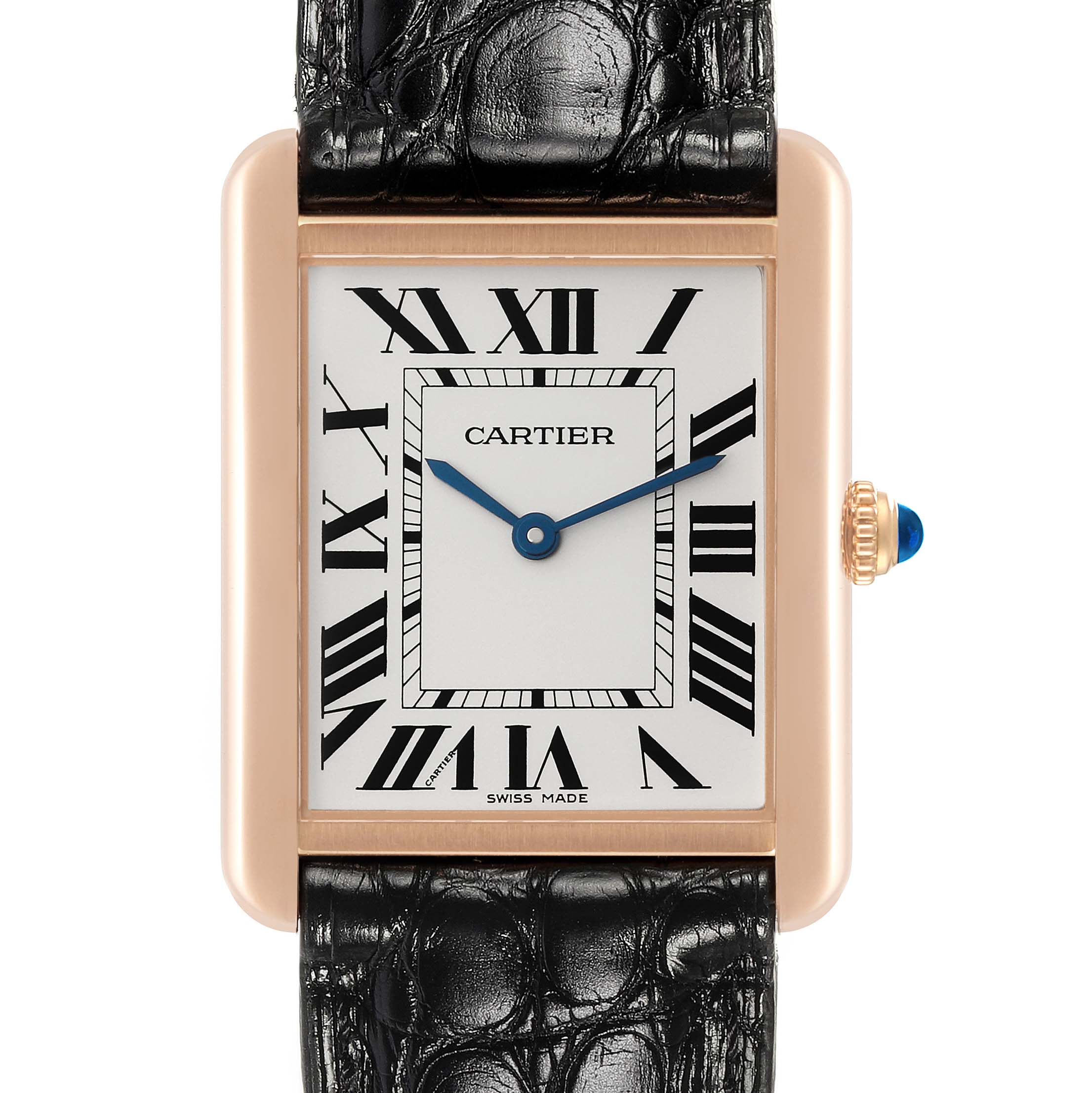 This image shows a Cartier Tank Solo W5200025 Men's Steel and Gold (two tone) Silver Dial W5200025 Men's Steel and Gold (two tone) Silver Dial watch from the front, highlighting its face, dial, and a portion of the strap.