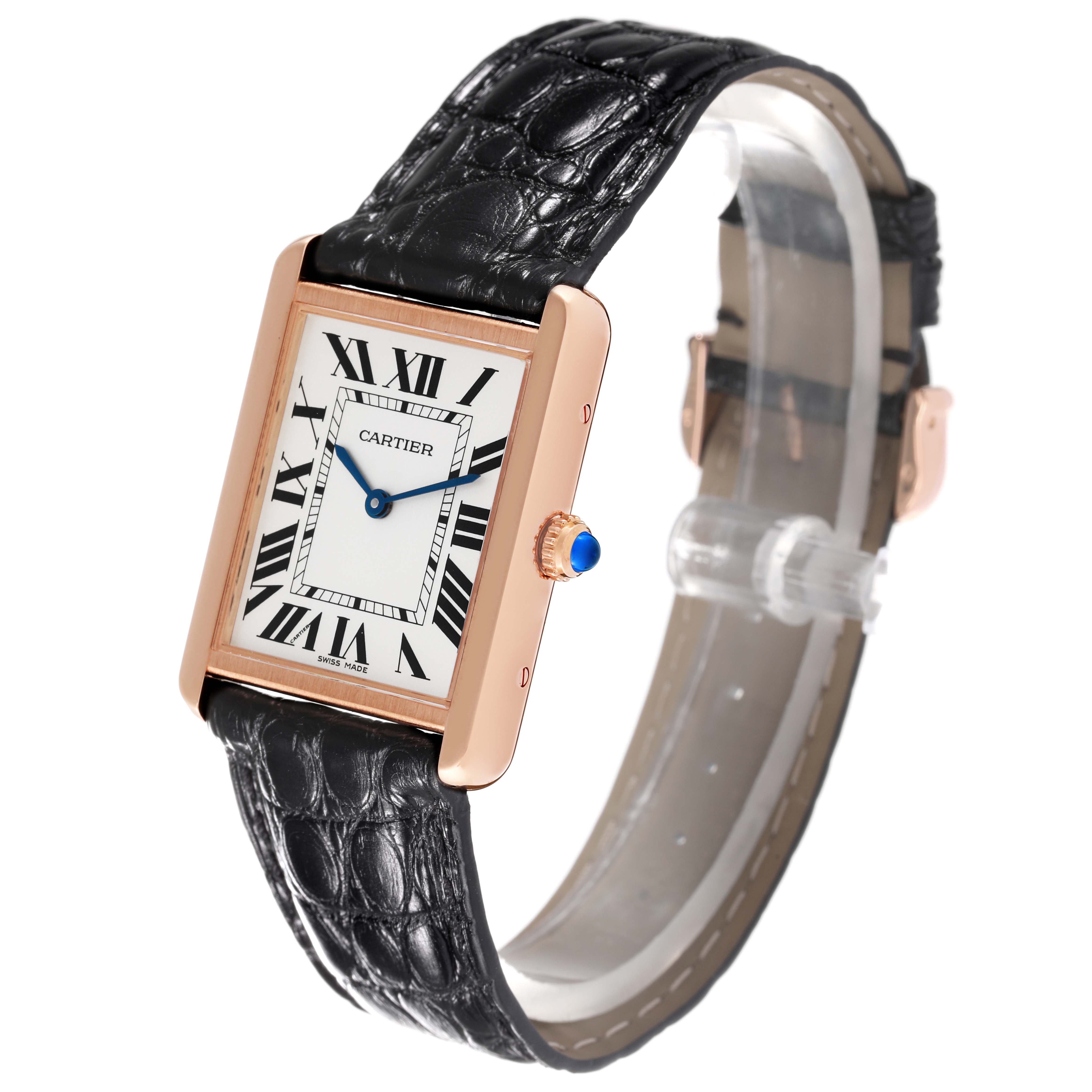 This image shows a Tank Solo model by Cartier at a slight angle, highlighting its face, Roman numerals, and black leather strap.
