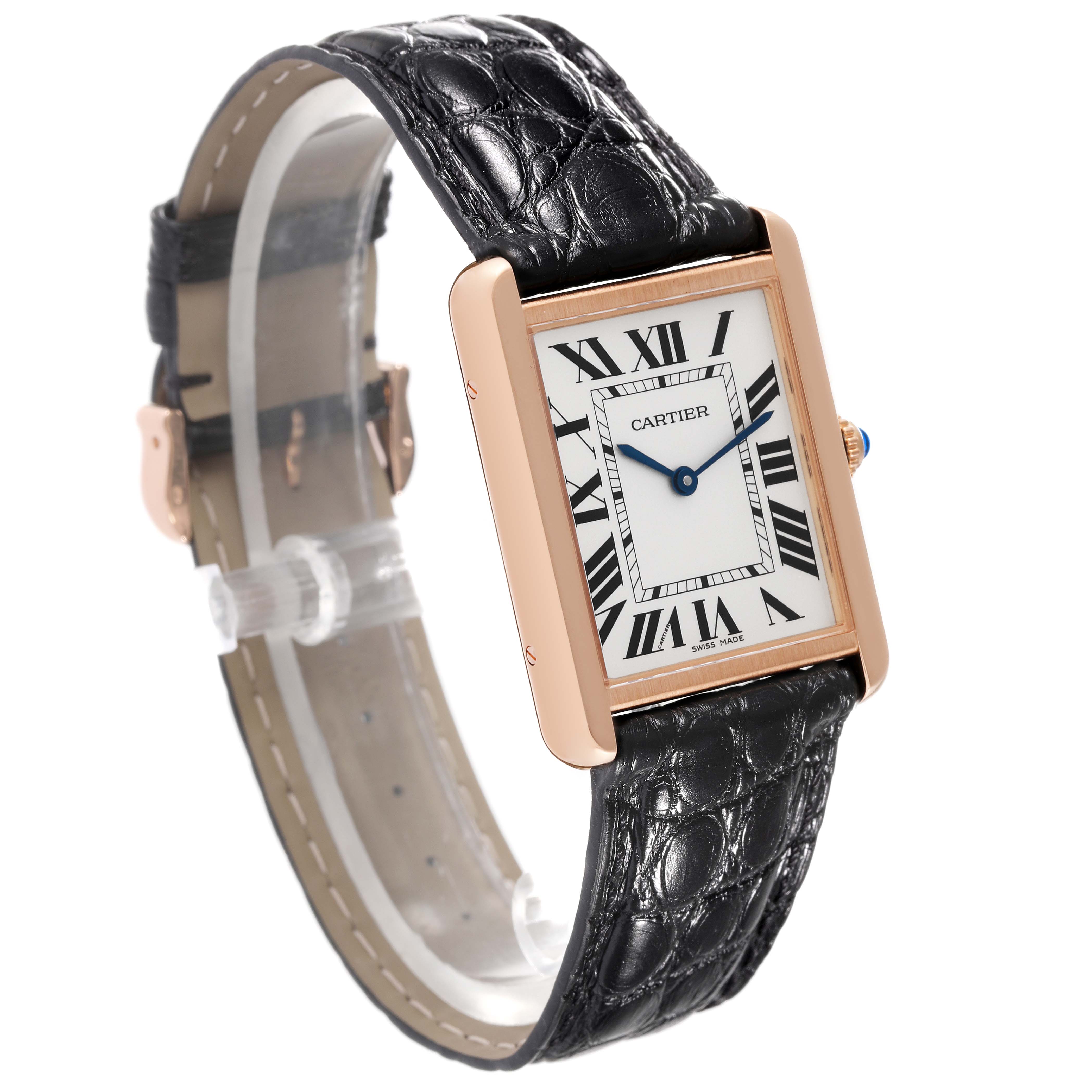 The image shows a Cartier Tank Solo W5200025 Men's Steel and Gold (two tone) Silver Dial W5200025 Men's Steel and Gold (two tone) Silver Dial watch at an angled side view, highlighting its rectangular face, Roman numeral dial, and black leather strap.