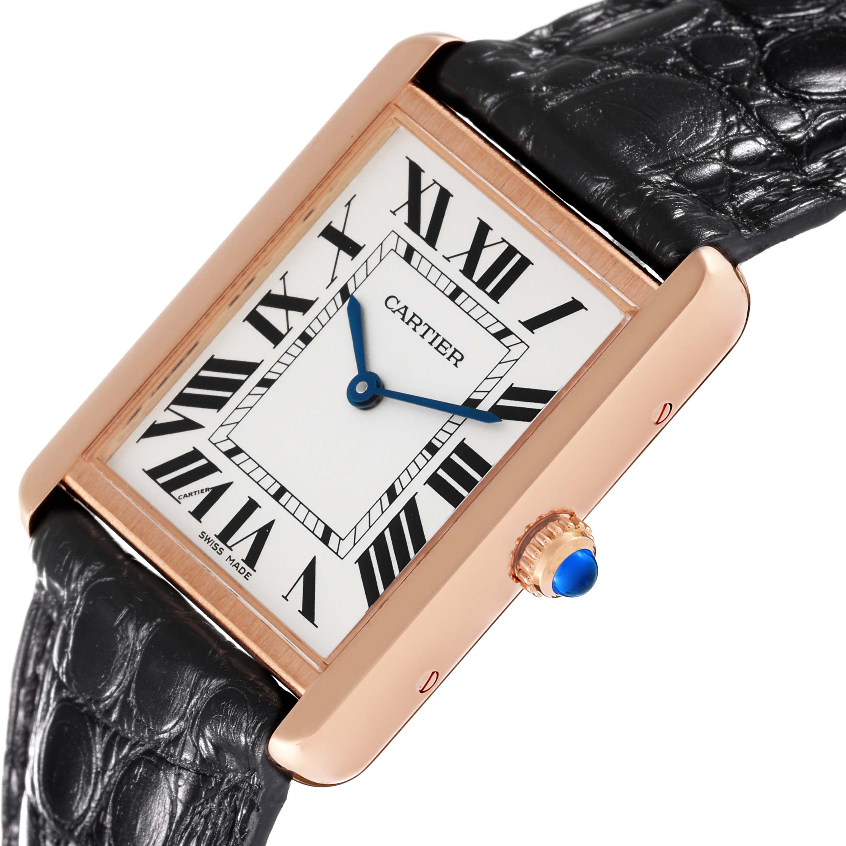 The Cartier Tank Solo W5200025 Men's Steel and Gold (two tone) Silver Dial W5200025 Men's Steel and Gold (two tone) Silver Dial watch is shown from a three-quarter angle, highlighting its rectangular face, Roman numerals, blue hands, and black leather strap.