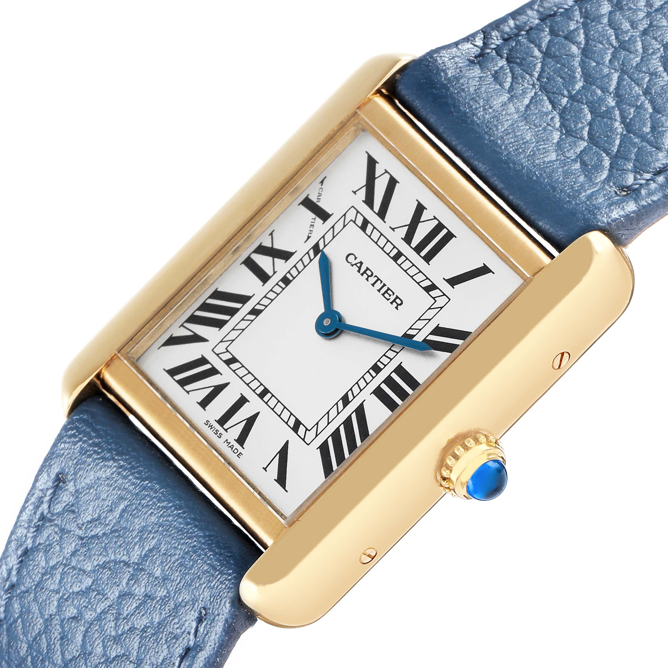 The Cartier Tank Solo W1018755 Women
s Steel and Gold (two tone) Silver Dial watch is shown at an angle highlighting the face, gold case, blue strap, and sapphire-tipped crown.