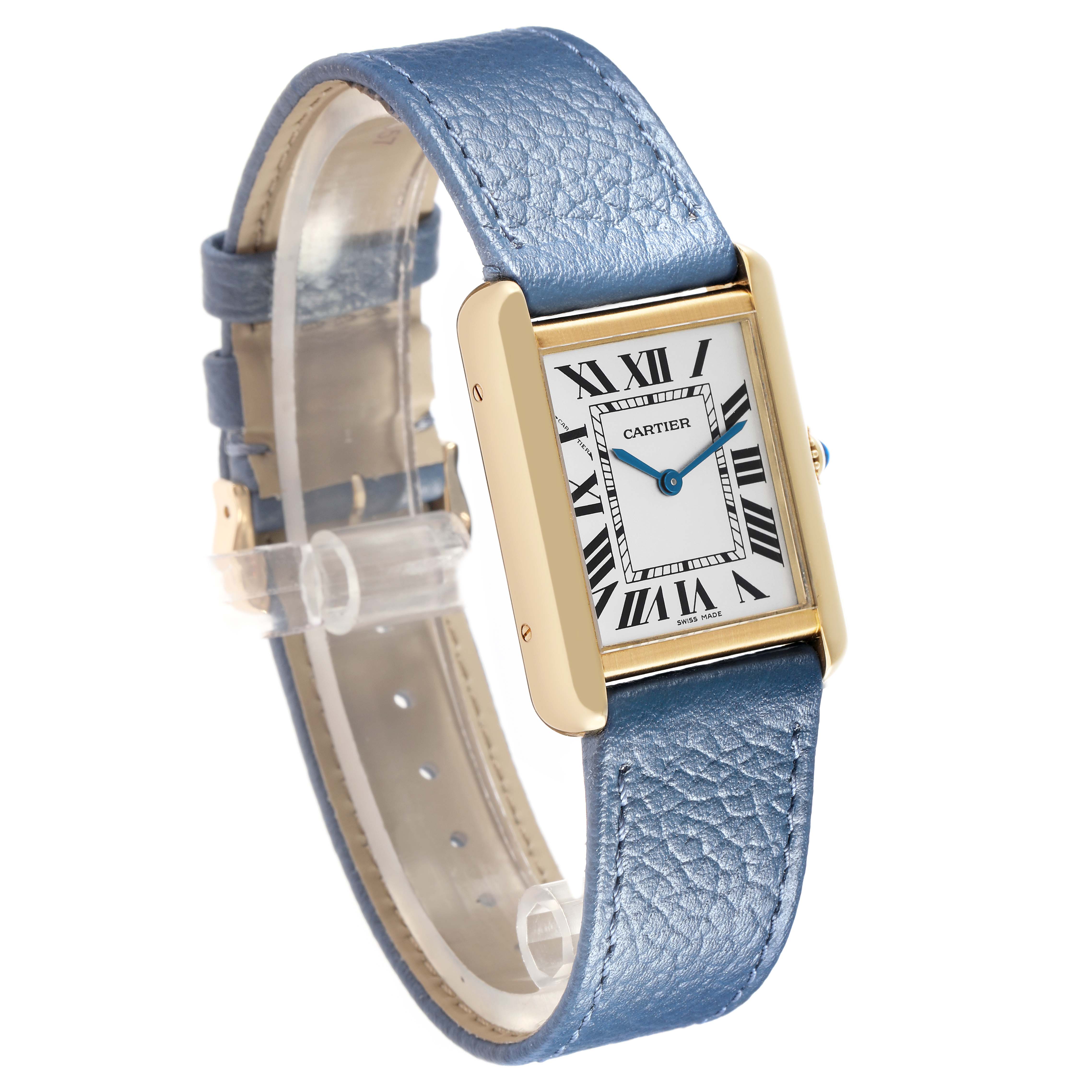 The Cartier Tank Solo W1018755 Women
s Steel and Gold (two tone) Silver Dial watch is shown at an angle highlighting its face, Roman numerals, leather strap, and gold casing.