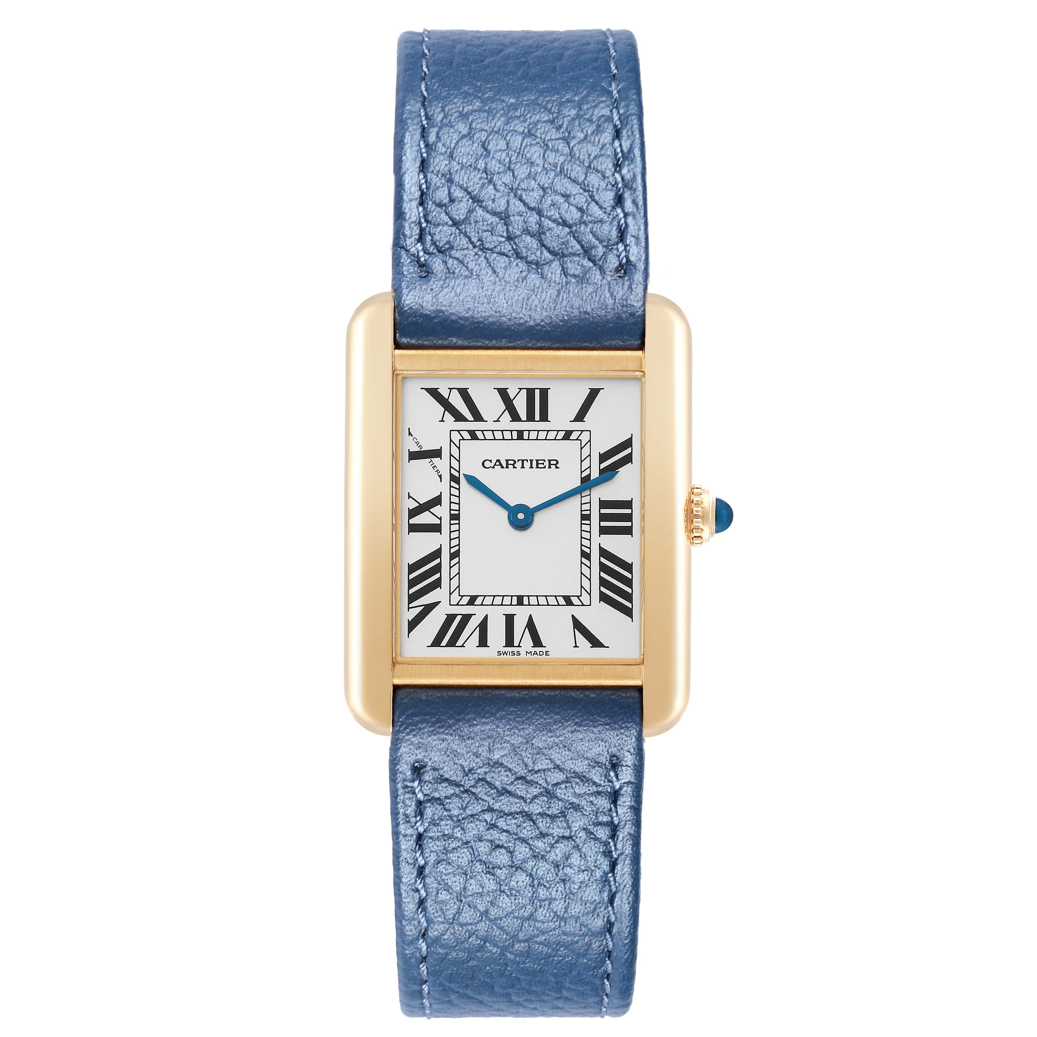 The Cartier Tank Solo W1018755 Women
s Steel and Gold (two tone) Silver Dial watch is shown from a top-down view, highlighting the face, blue leather strap, and gold casing.