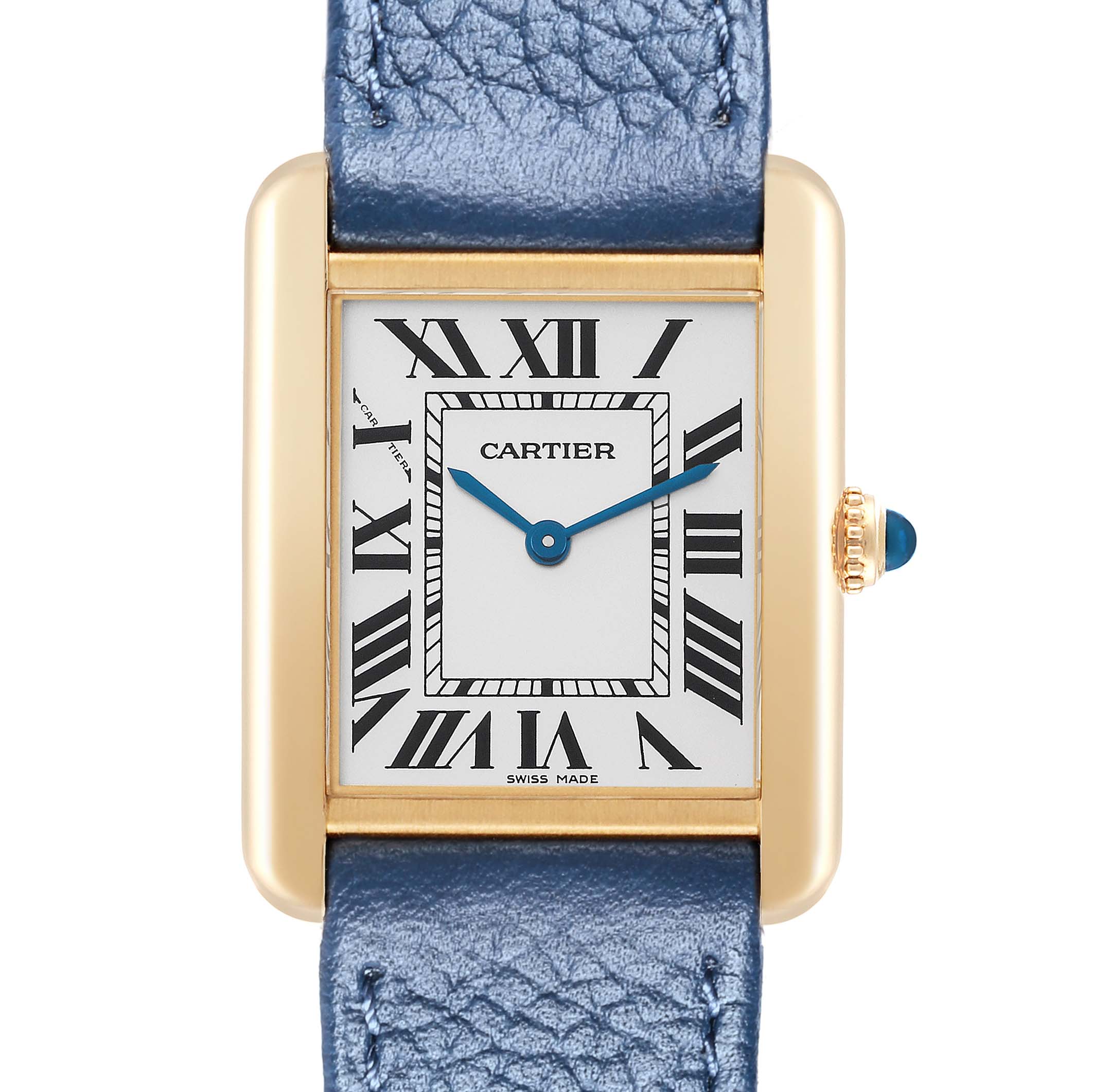 The Cartier Tank Solo W1018755 Women
s Steel and Gold (two tone) Silver Dial watch is shown from the front, highlighting its rectangular case, Roman numerals, and textured blue strap.