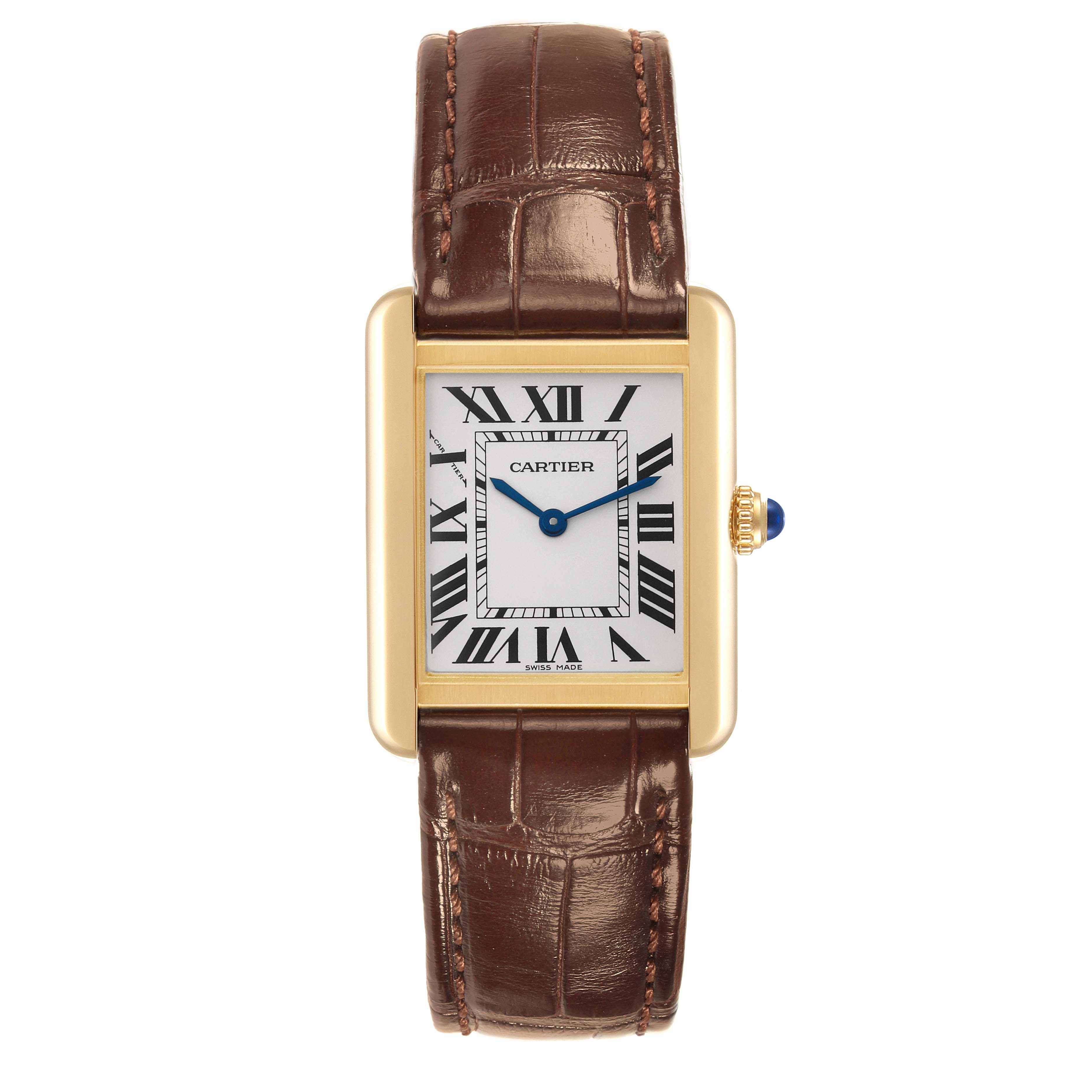 This image shows a Cartier Tank Solo W5200002 Women's Steel and Gold (two tone) Silver Dial W5200002 Women's Steel and Gold (two tone) Silver Dial watch with a leather strap and rectangular dial viewed from the front.