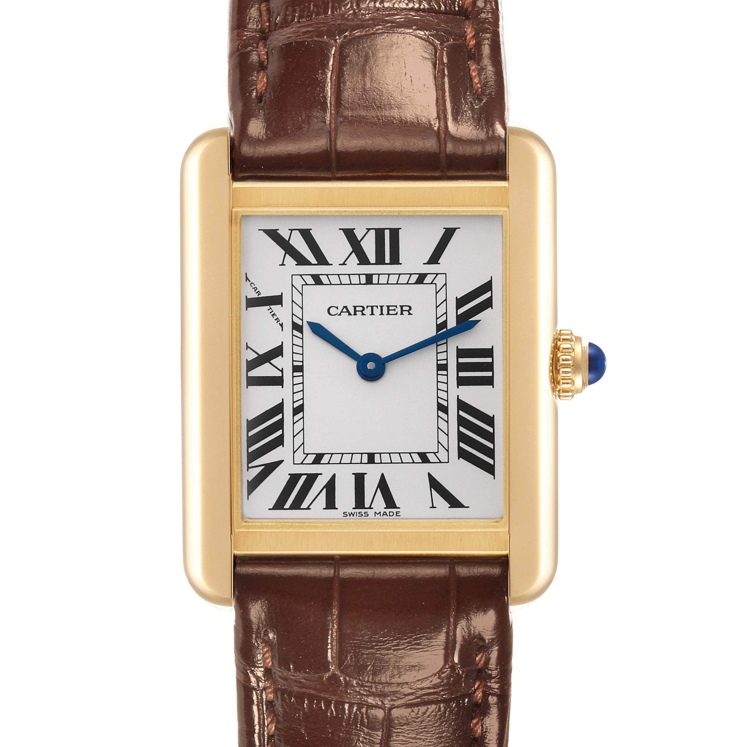 This image shows a front angle of the Cartier Tank Solo W5200002 Women's Steel and Gold (two tone) Silver Dial W5200002 Women's Steel and Gold (two tone) Silver Dial watch, highlighting its dial, Roman numerals, brown leather strap, and crown.