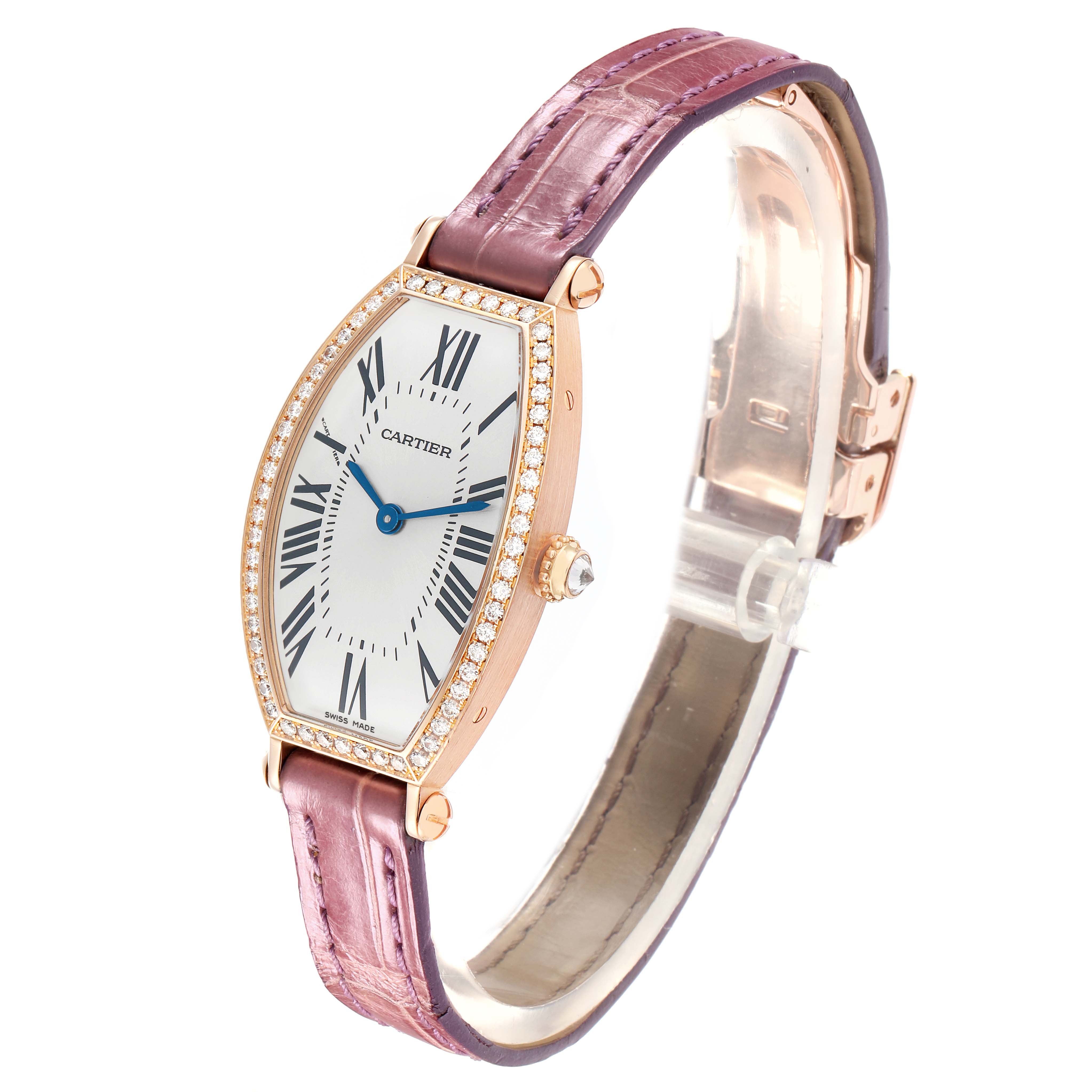 The Cartier Tonneau WE400331 Women's Rose Gold Silver Dial watch is shown at an angled view, highlighting the face, case, crown, and strap.