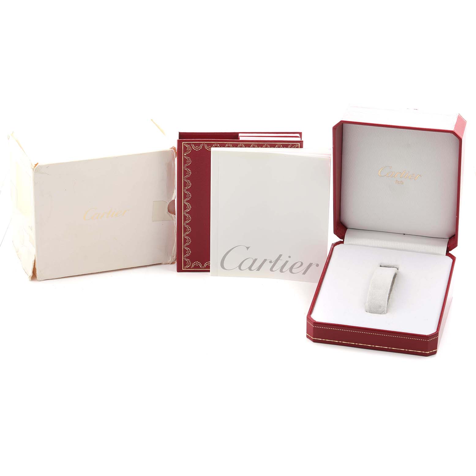 The image shows the Cartier Tonneau WE400331 Women's Rose Gold Silver Dial watch box, outer packaging, and booklets from a straight-on angle.