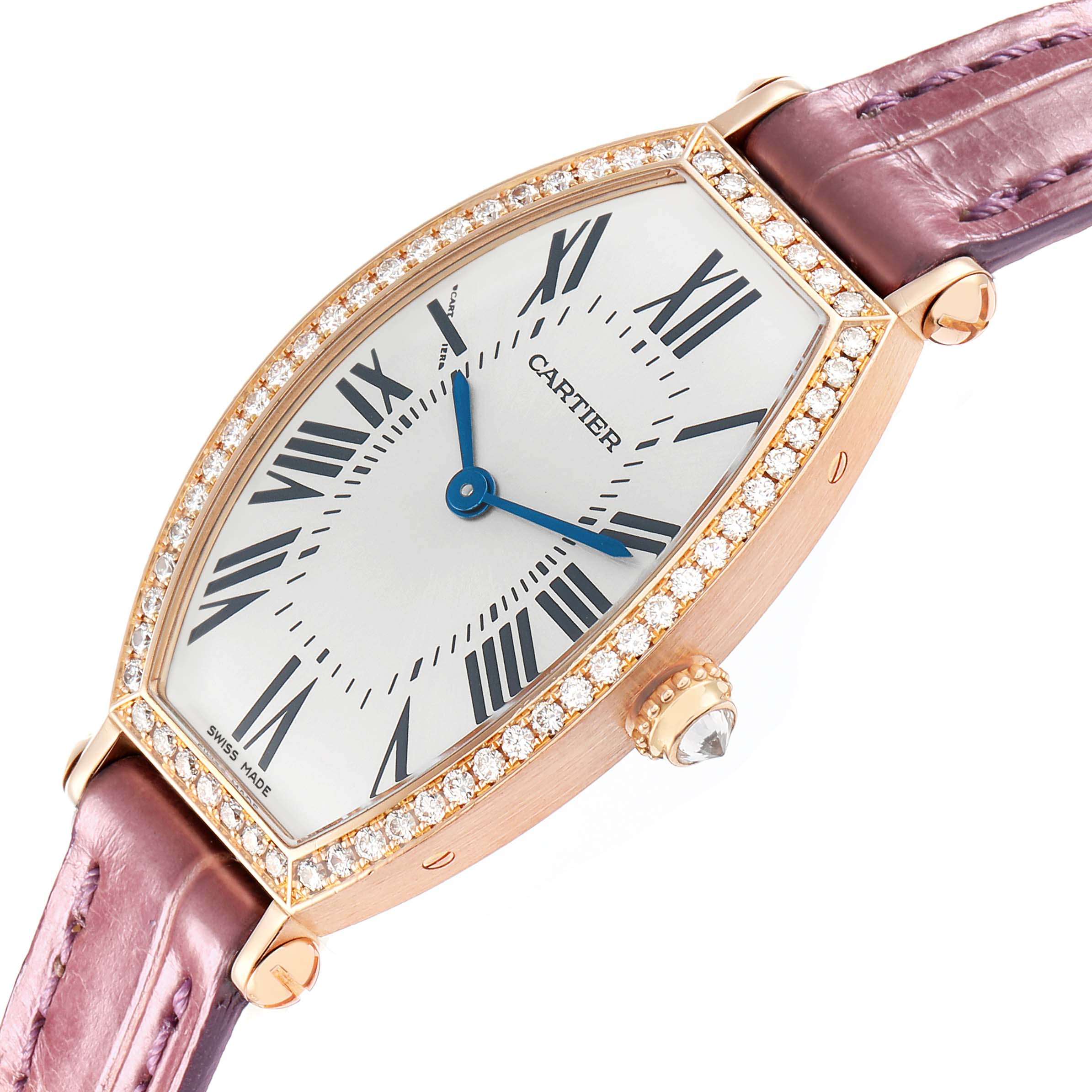 The Cartier Tonneau WE400331 Women's Rose Gold Silver Dial watch is shown at an angle highlighting its diamond bezel, blue hands, Roman numerals, and purple strap.