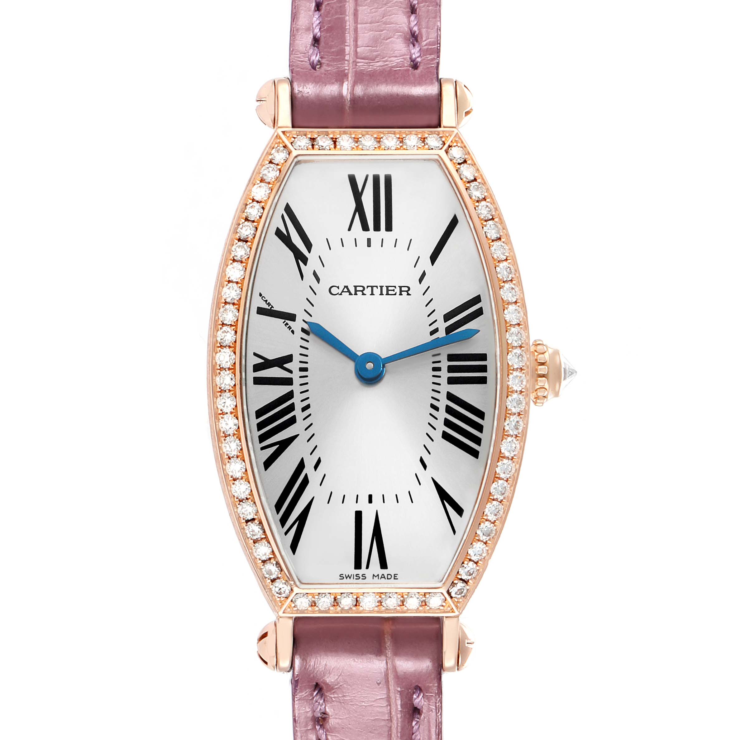The Cartier Tonneau WE400331 Women's Rose Gold Silver Dial watch is shown from the front, highlighting the dial, case, and strap.