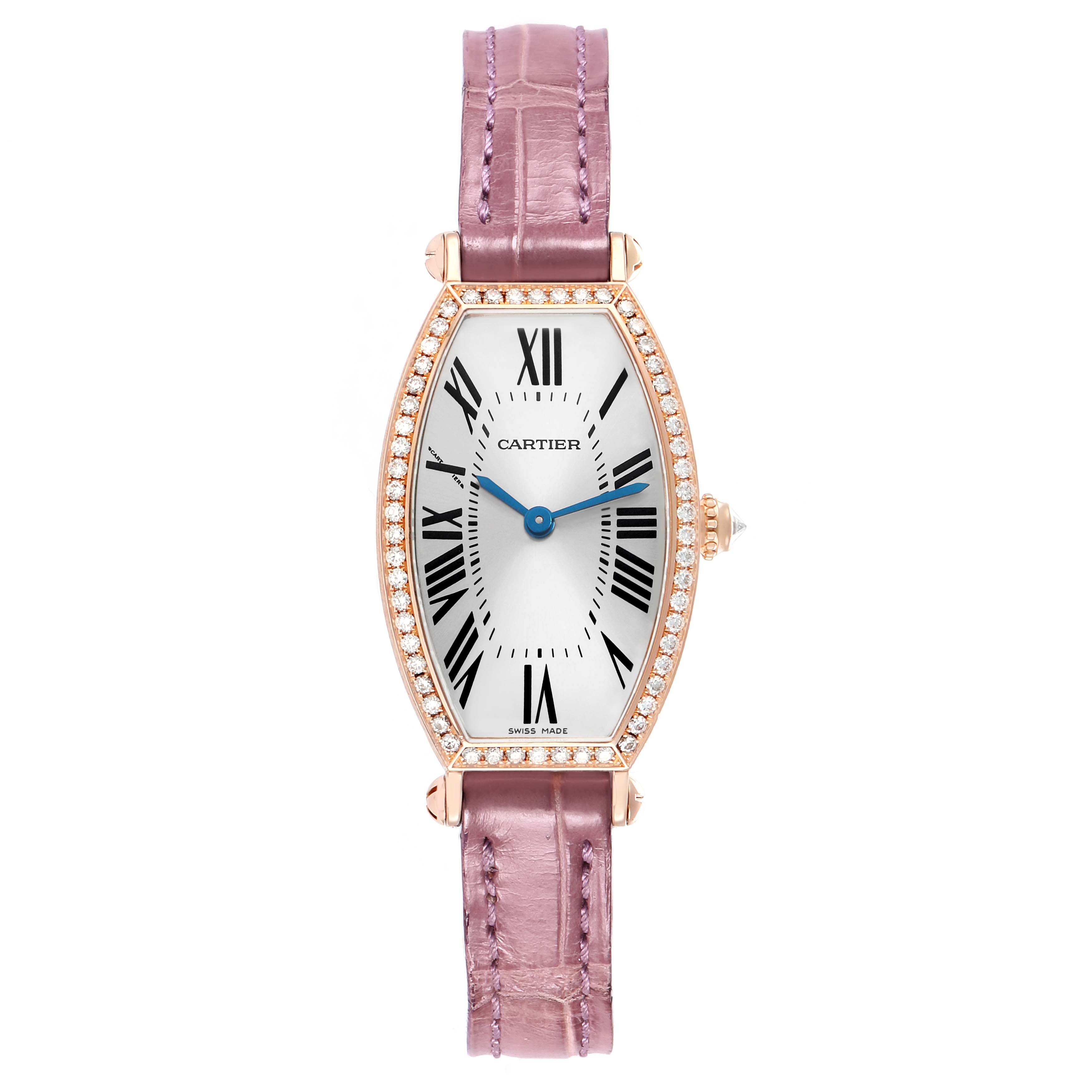 The Cartier Tonneau WE400331 Women's Rose Gold Silver Dial watch is shown front-facing, displaying the strap, case, and dial with Roman numerals.