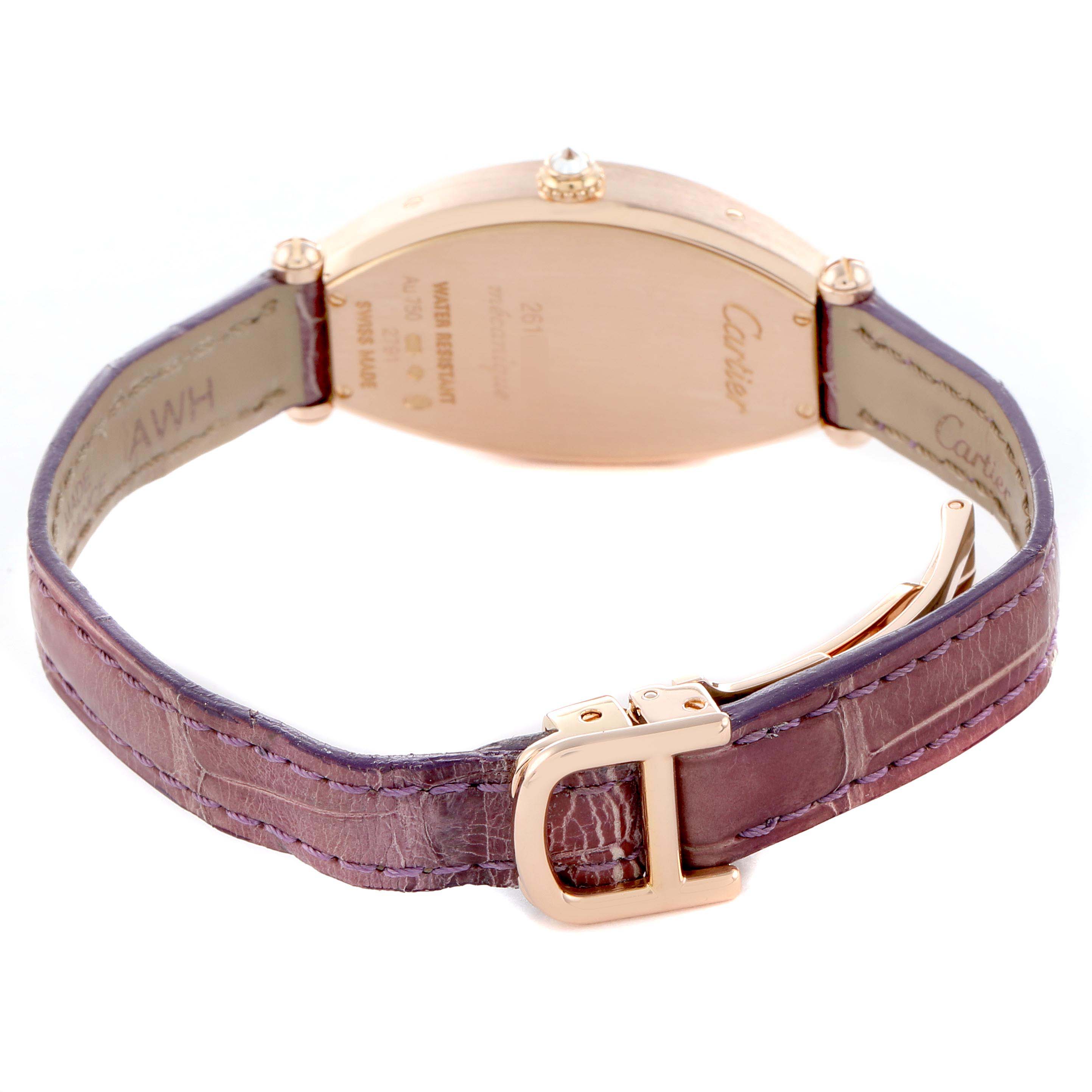 The image shows the back and side of the Cartier Tonneau WE400331 Women's Rose Gold Silver Dial watch with its leather strap and clasp.