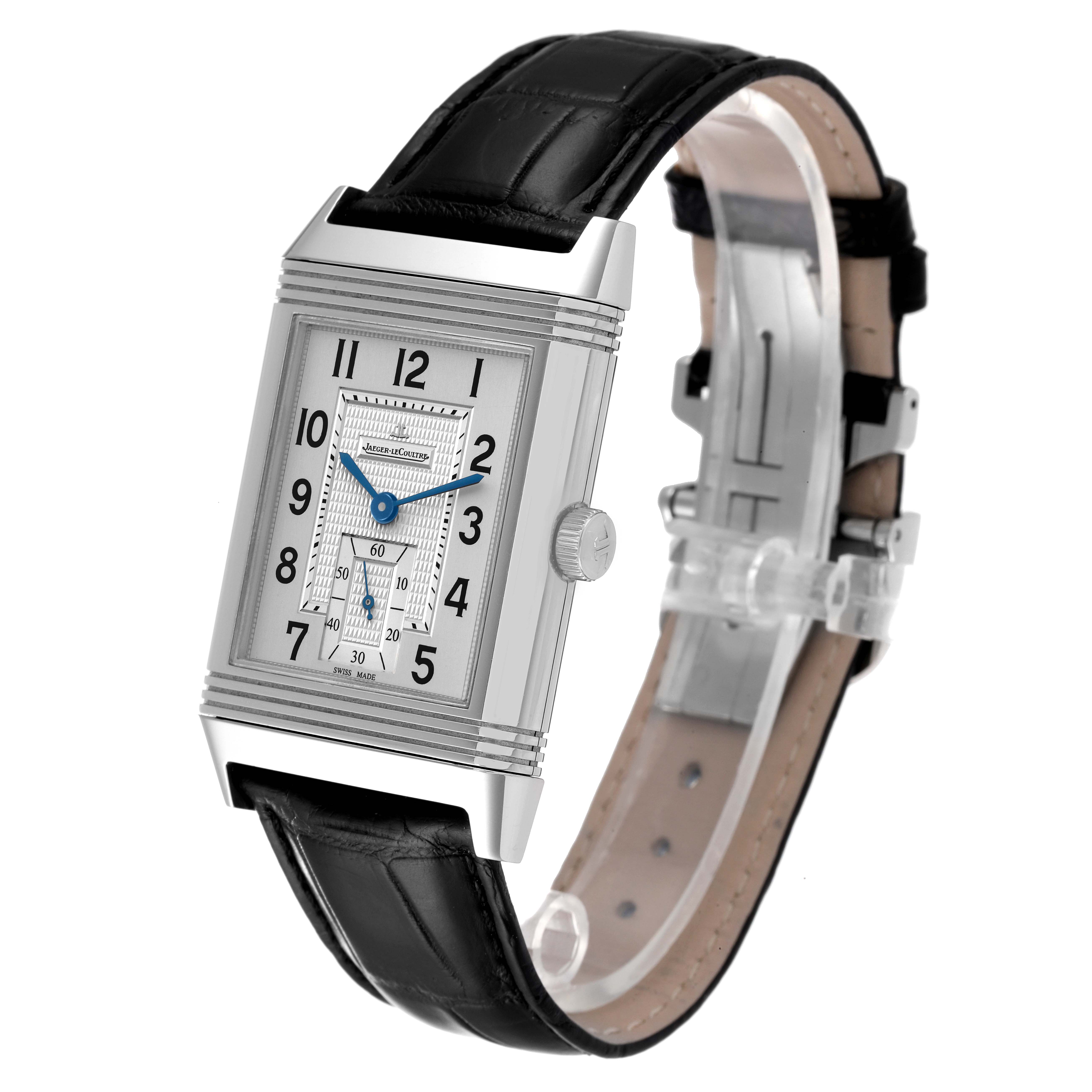 The image shows a Jaeger LeCoultre Reverso Q3738420 Men's Stainless Steel Silver Dial Q3738420 Men's Stainless Steel Silver Dial watch, angled to display the face, crown, and black leather strap.