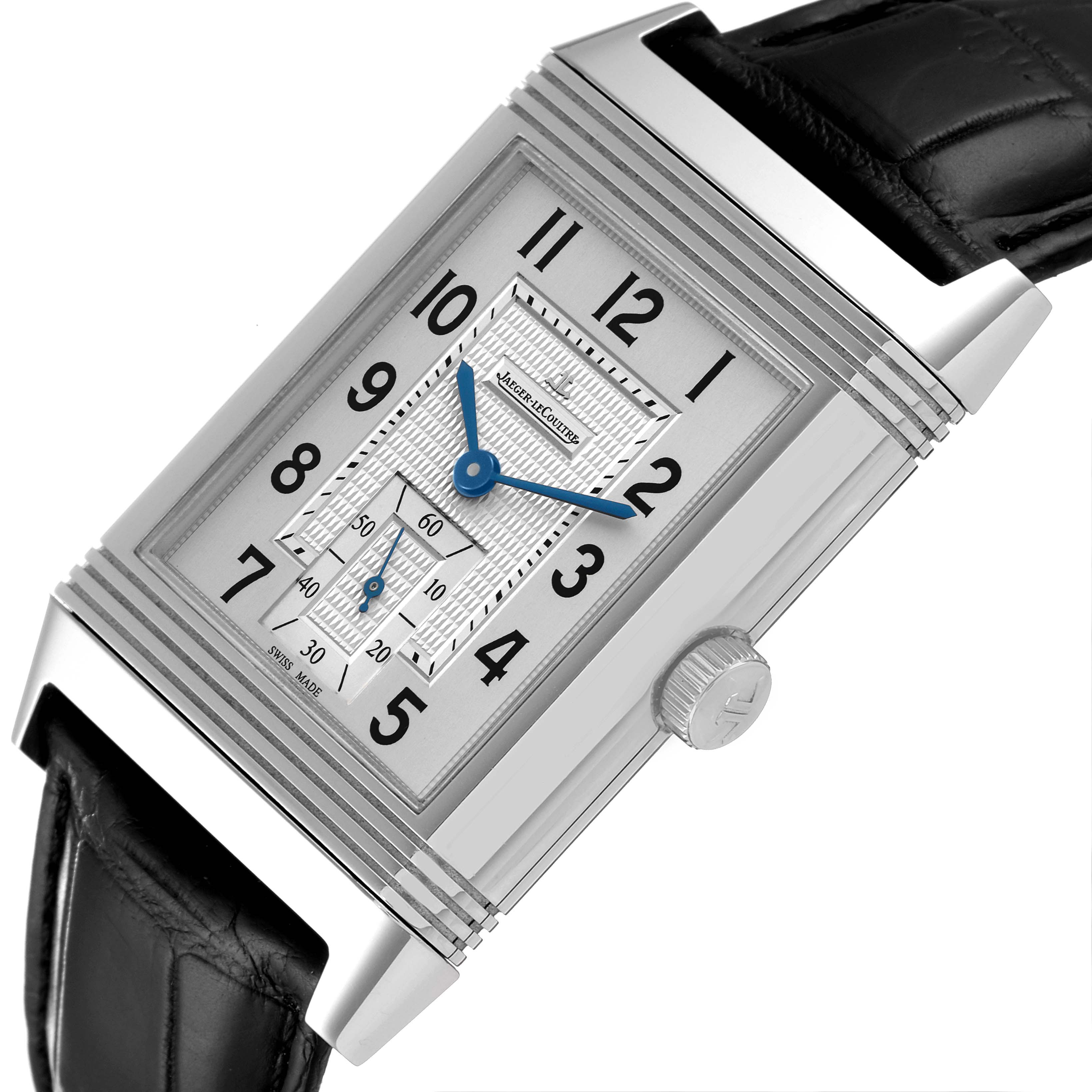 The Jaeger LeCoultre Reverso Q3738420 Men's Stainless Steel Silver Dial Q3738420 Men's Stainless Steel Silver Dial watch is shown from an angled top view, highlighting the dial, case, crown, and strap.