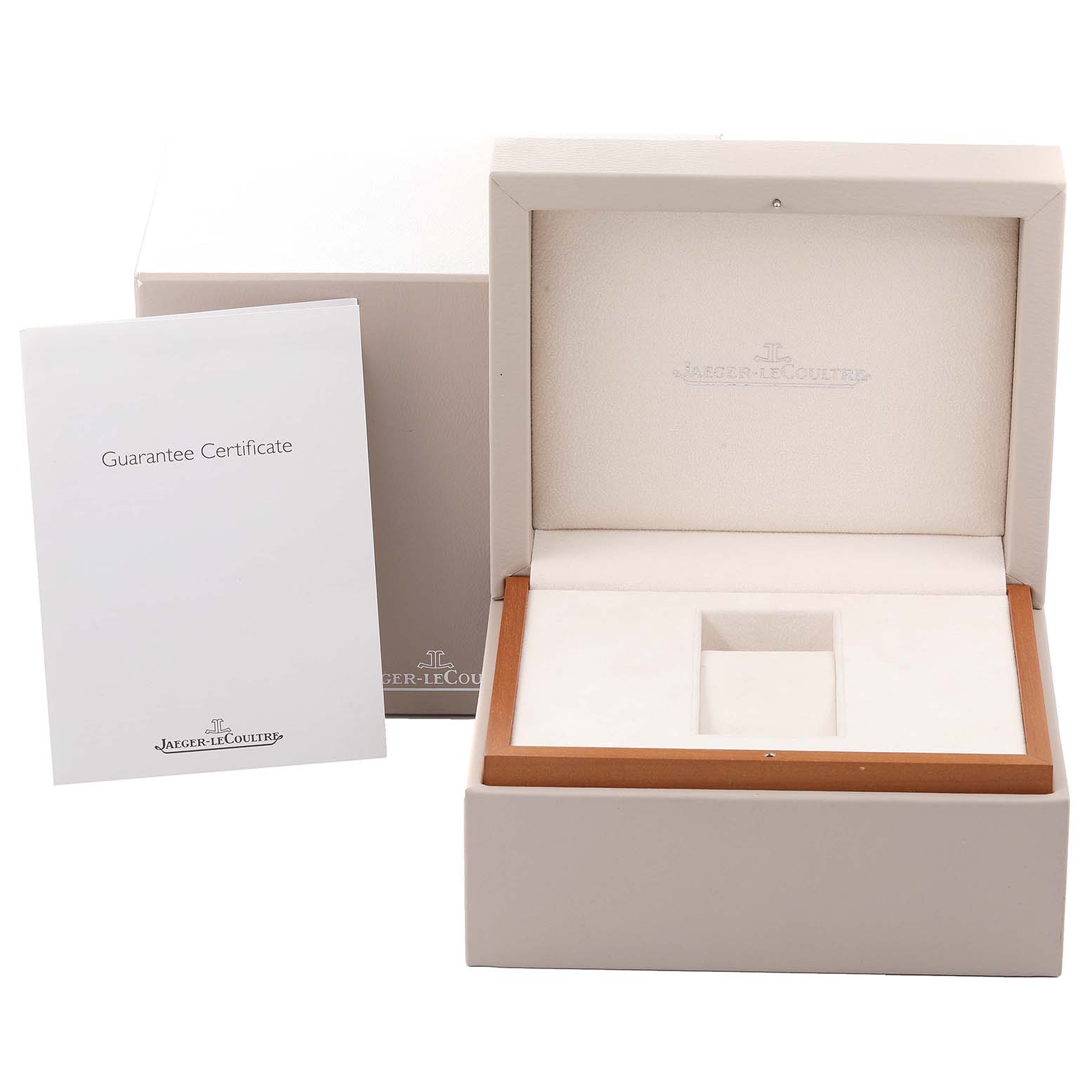 The image shows an open Jaeger LeCoultre Reverso Q3738420 Men's Stainless Steel Silver Dial Q3738420 Men's Stainless Steel Silver Dial watch box and a guarantee certificate.