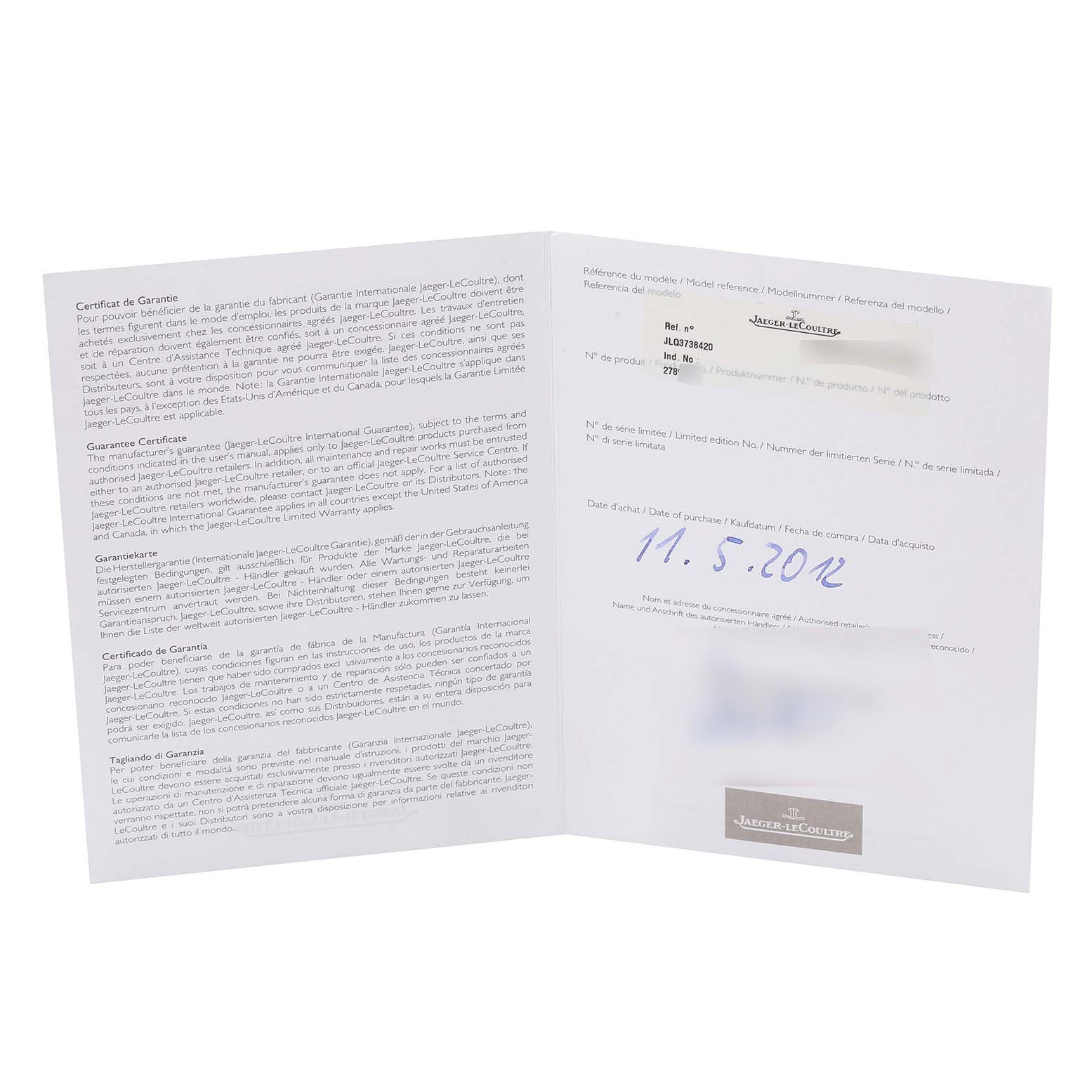 The image shows an open booklet at a slight angle, displaying the guarantee certificate for the Jaeger-LeCoultre Reverso model.