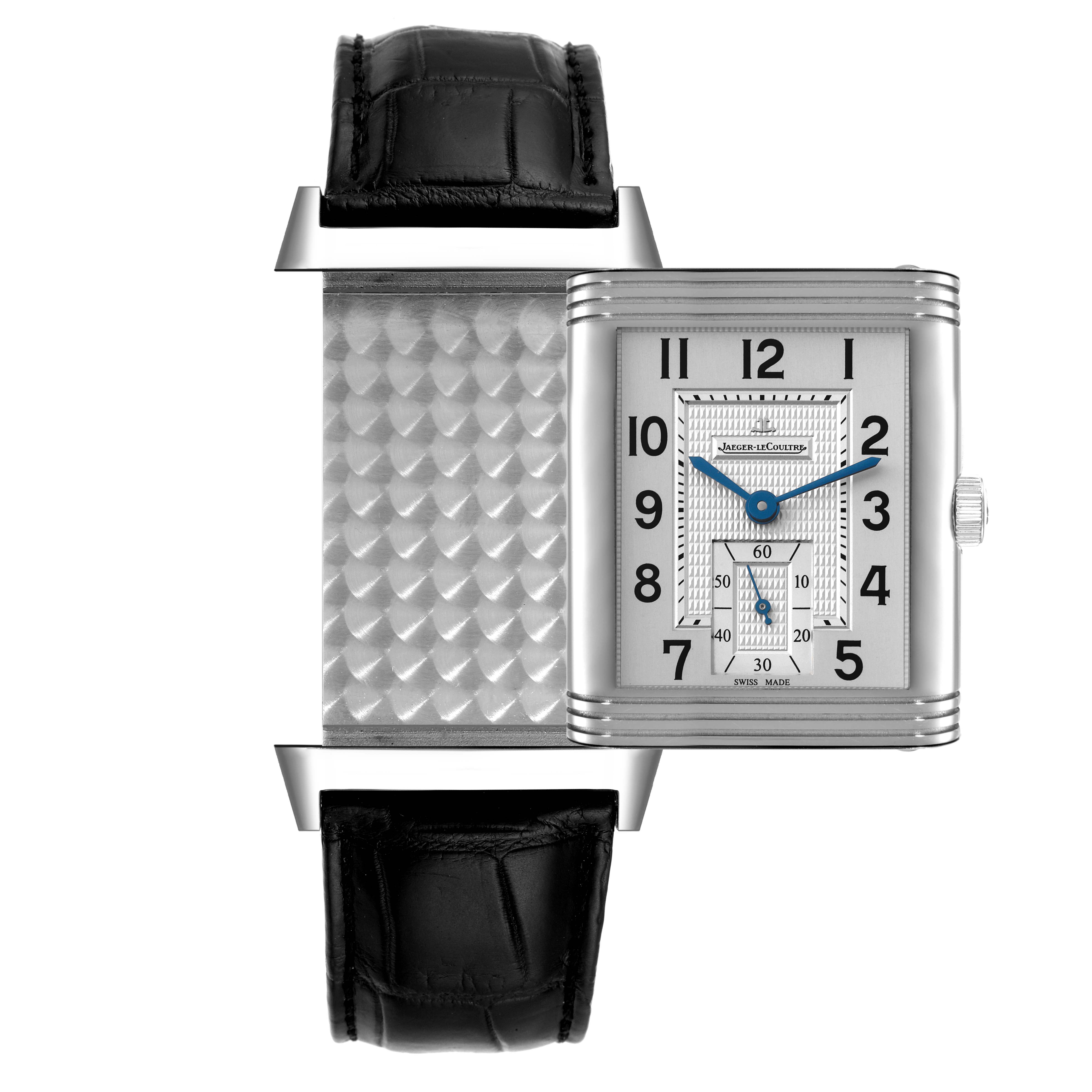 The image shows a Jaeger LeCoultre Reverso Q3738420 Men's Stainless Steel Silver Dial Q3738420 Men's Stainless Steel Silver Dial watch, with its case partially rotated to display both the dial and the decorative reverse side.