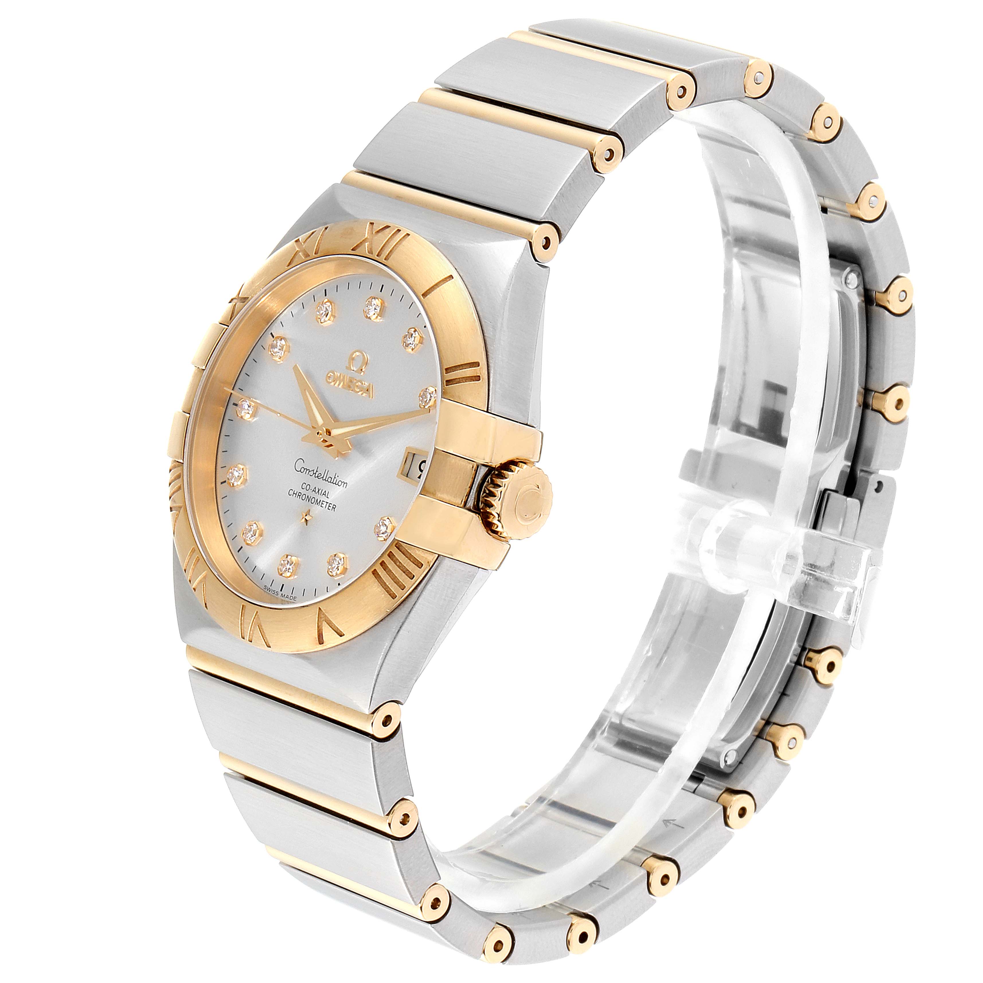 The image shows a side angle view of the Omega Constellation 111.20.36.20.52.001 Men
s Steel and Gold (two tone) Silver Dial 111.20.36.20.52.001 Men
s Steel and Gold (two tone) Silver Dial watch, highlighting the face, bezel, band, and crown.