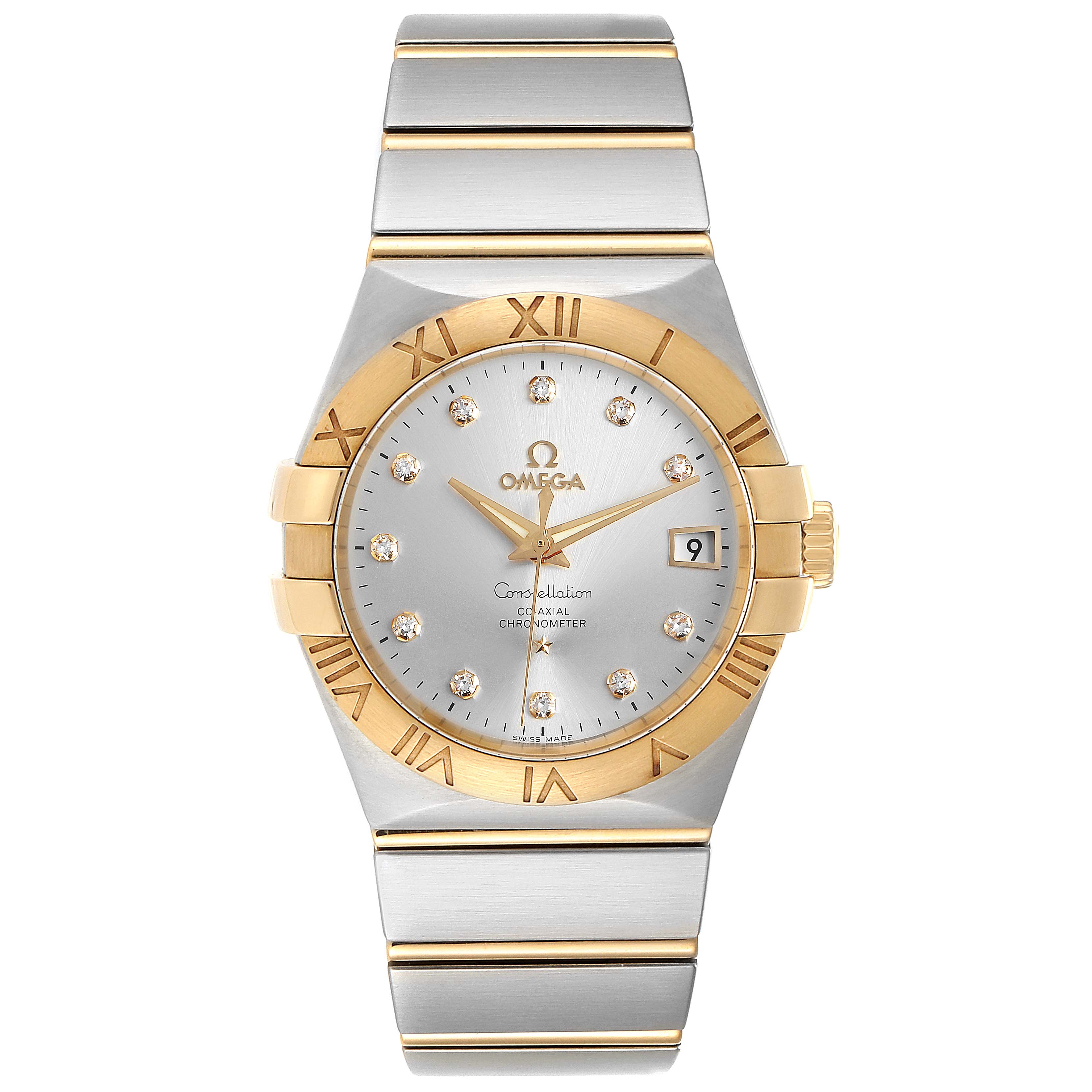 This image shows a front view of an Omega Constellation 111.20.36.20.52.001 Men
s Steel and Gold (two tone) Silver Dial 111.20.36.20.52.001 Men
s Steel and Gold (two tone) Silver Dial watch, featuring a silver and gold design with a date window and diamond hour markers.