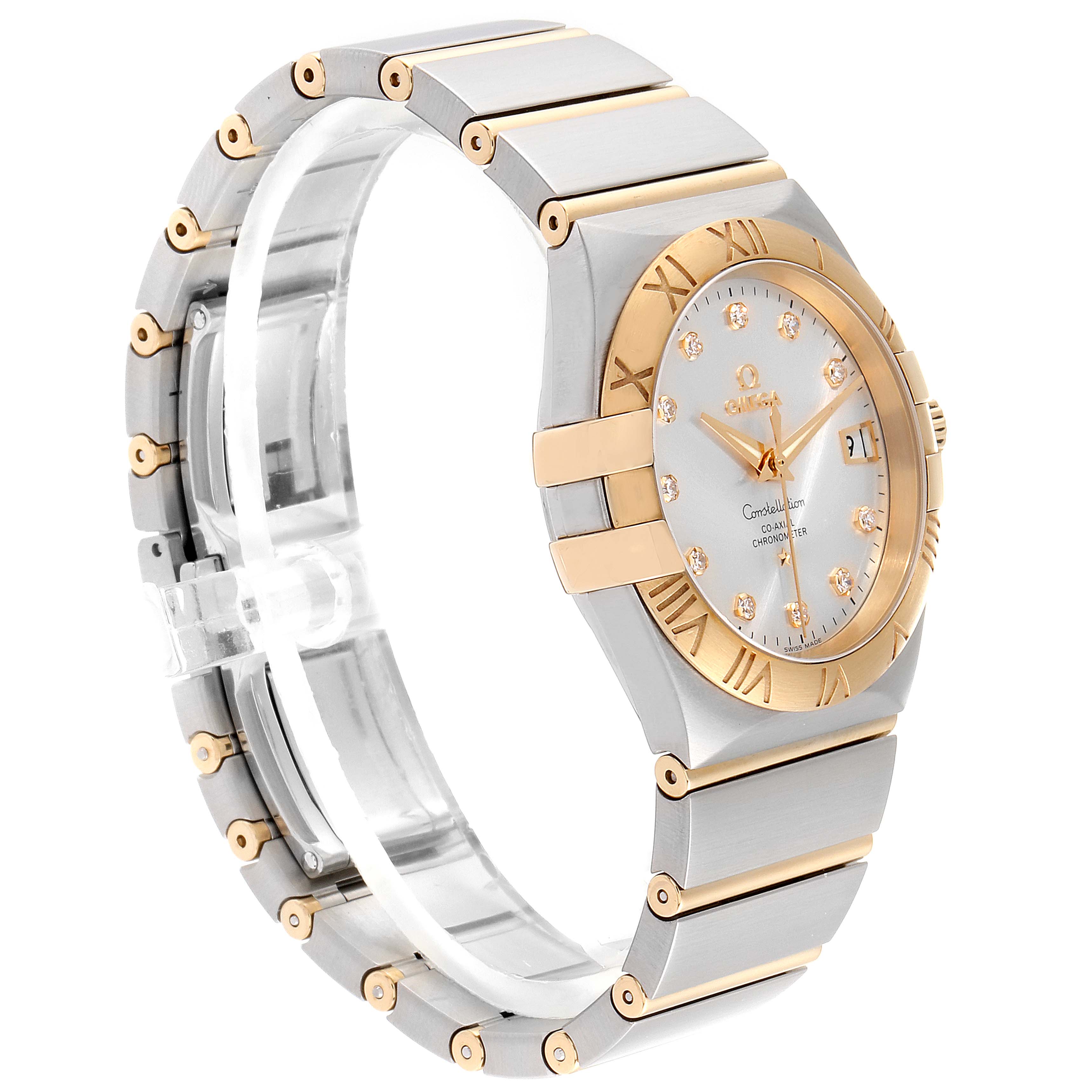 The image shows a side and front angle of the Omega Constellation 111.20.36.20.52.001 Men
s Steel and Gold (two tone) Silver Dial 111.20.36.20.52.001 Men
s Steel and Gold (two tone) Silver Dial watch, highlighting the case, bracelet, and bezel.
