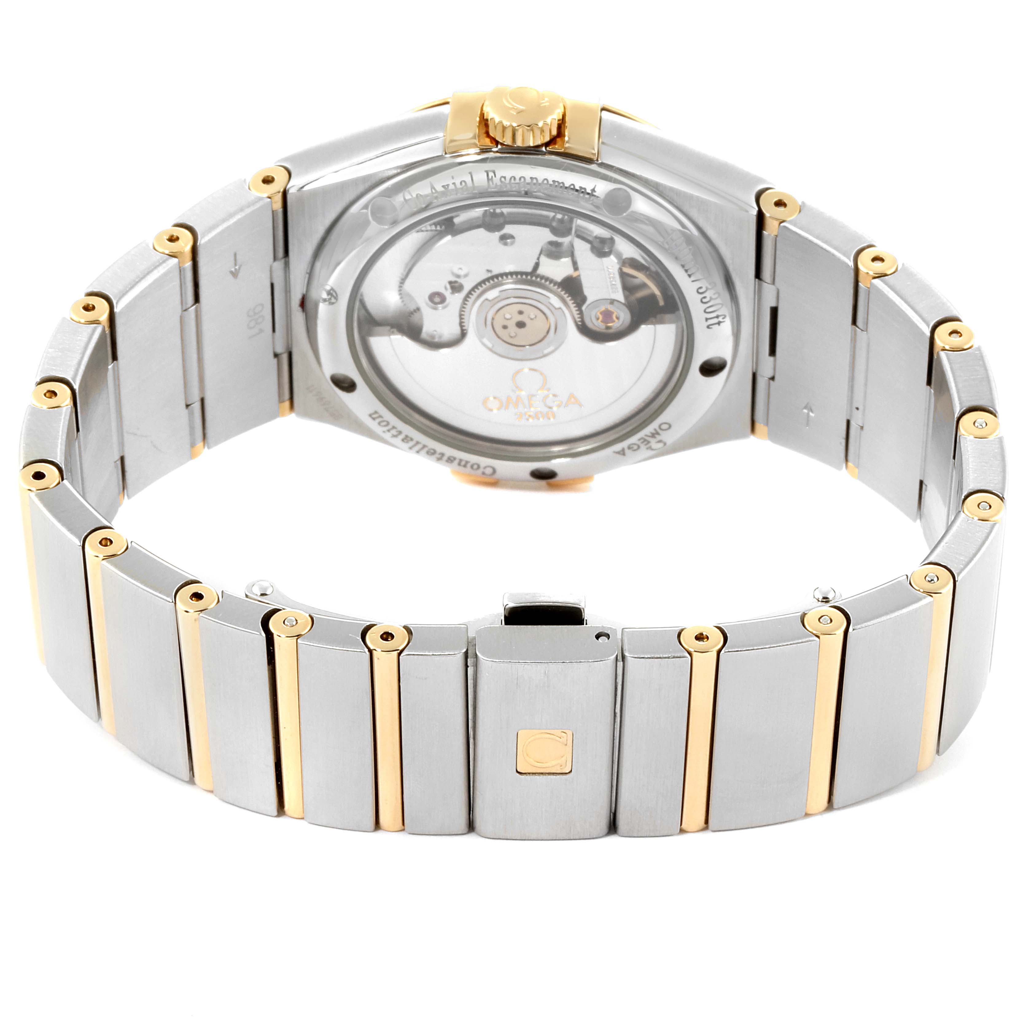The image shows the back view of an Omega Constellation 111.20.36.20.52.001 Men
s Steel and Gold (two tone) Silver Dial 111.20.36.20.52.001 Men
s Steel and Gold (two tone) Silver Dial watch, highlighting the transparent case back and bracelet.