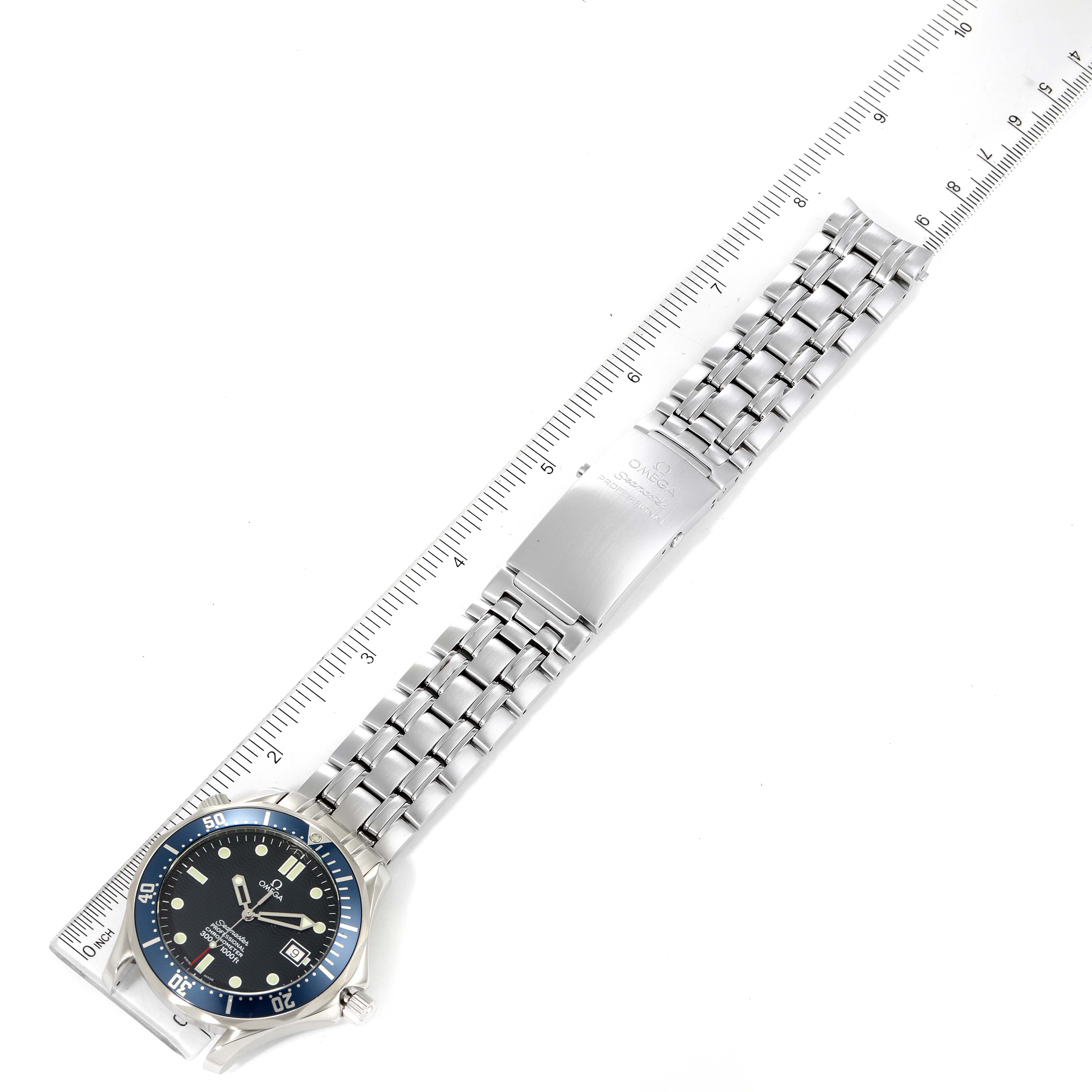 The Omega Seamaster 2531.80.00 Men's Stainless Steel Blue Dial 2531.80.00 Men's Stainless Steel Blue Dial watch is shown from a top-down angle, displaying the dial, bezel, bracelet, and clasp.