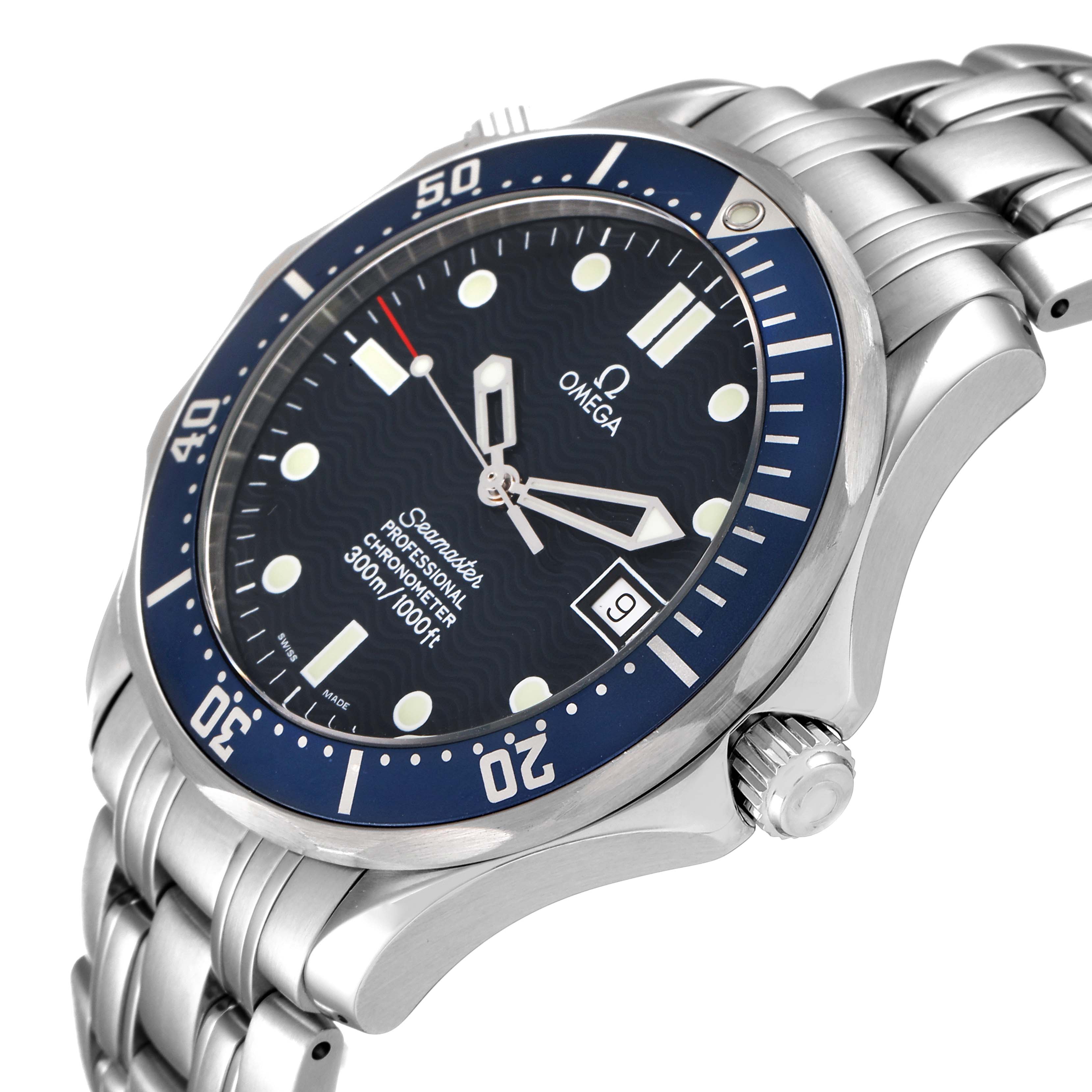 This image shows a close-up angled view of the Omega Seamaster 2531.80.00 Men's Stainless Steel Blue Dial 2531.80.00 Men's Stainless Steel Blue Dial watch, highlighting its dial, bezel, crown, and part of the bracelet.