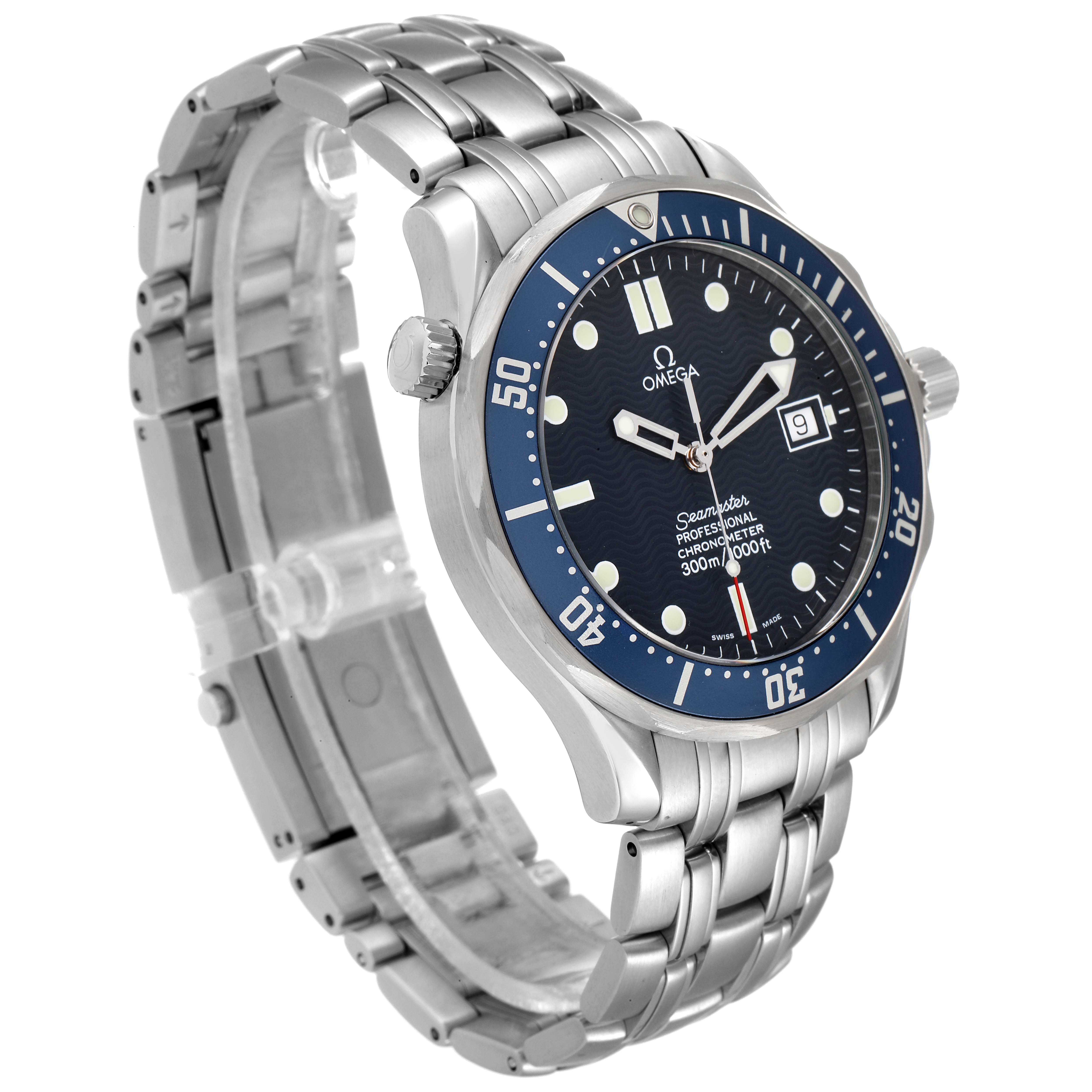 The image shows a side angle of an Omega Seamaster 2531.80.00 Men's Stainless Steel Blue Dial 2531.80.00 Men's Stainless Steel Blue Dial watch, highlighting the face, bezel, and part of the bracelet.
