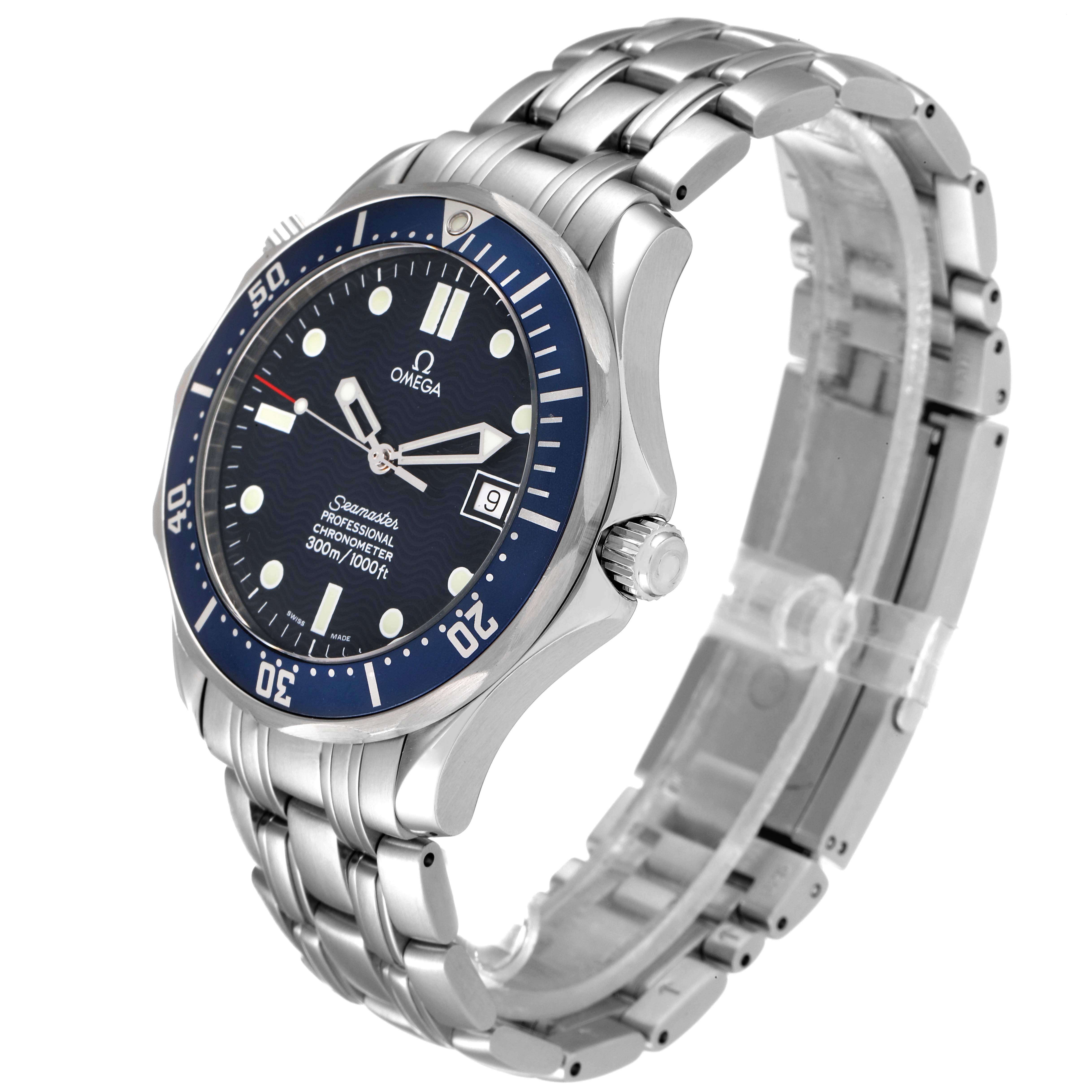The Omega Seamaster 2531.80.00 Men's Stainless Steel Blue Dial 2531.80.00 Men's Stainless Steel Blue Dial watch is shown at an angled view, displaying the face, bezel, crown, bracelet, and part of the clasp.