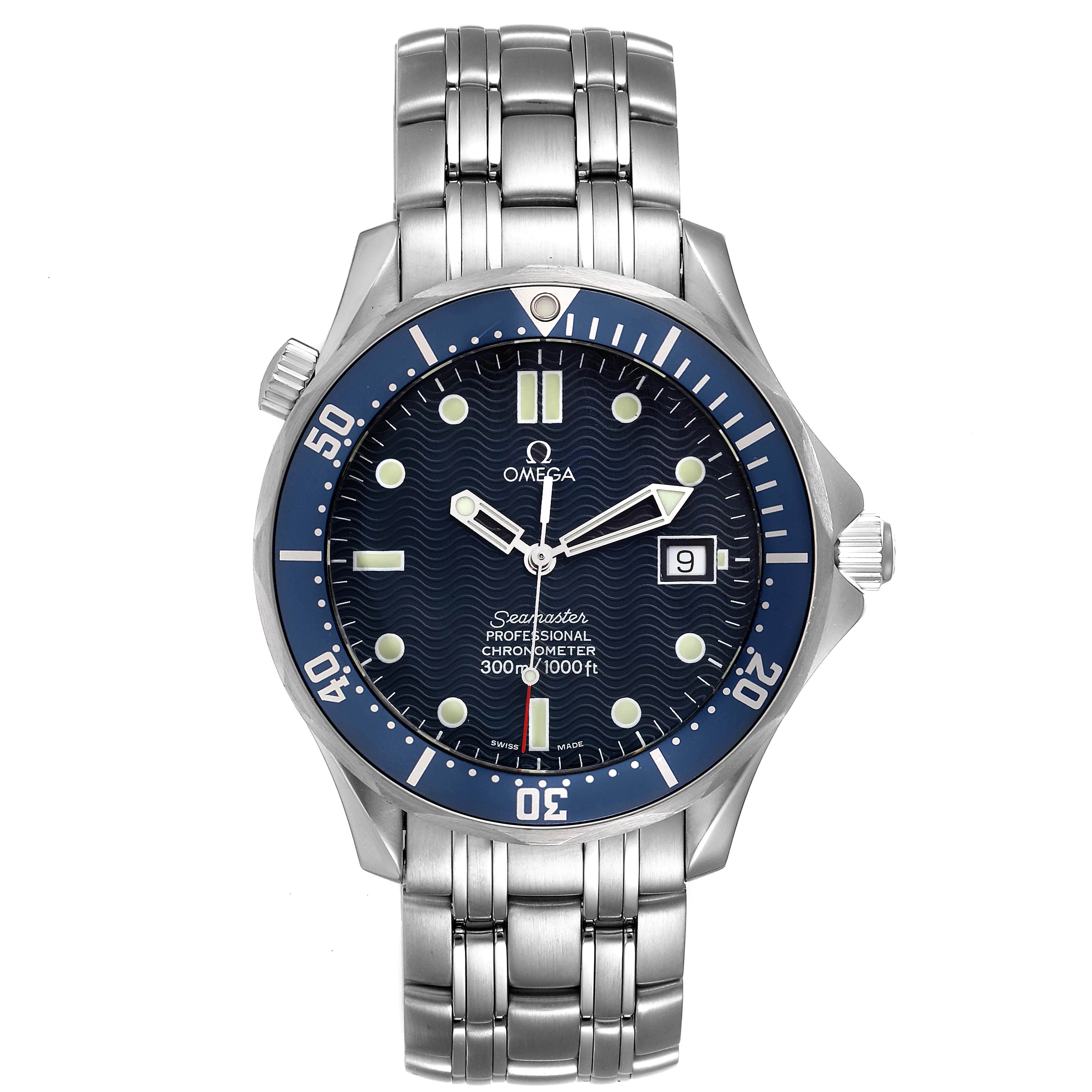 The image shows a front view of the Omega Seamaster 2531.80.00 Men's Stainless Steel Blue Dial 2531.80.00 Men's Stainless Steel Blue Dial watch, displaying the dial, bezel, crown, and stainless steel bracelet.