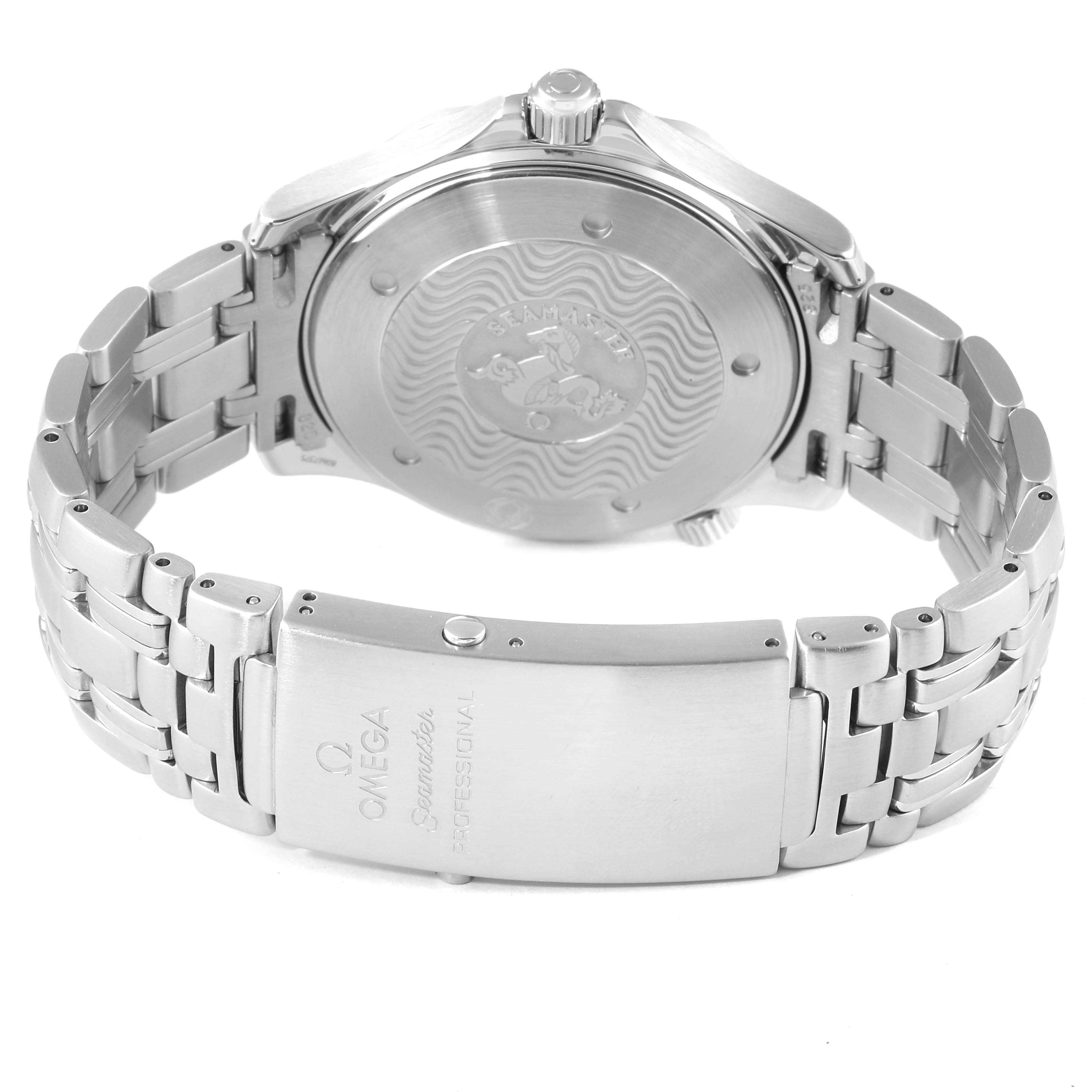 The image shows the back case and clasp of an Omega Seamaster 2531.80.00 Men's Stainless Steel Blue Dial 2531.80.00 Men's Stainless Steel Blue Dial watch, highlighting the bracelet and case back details.