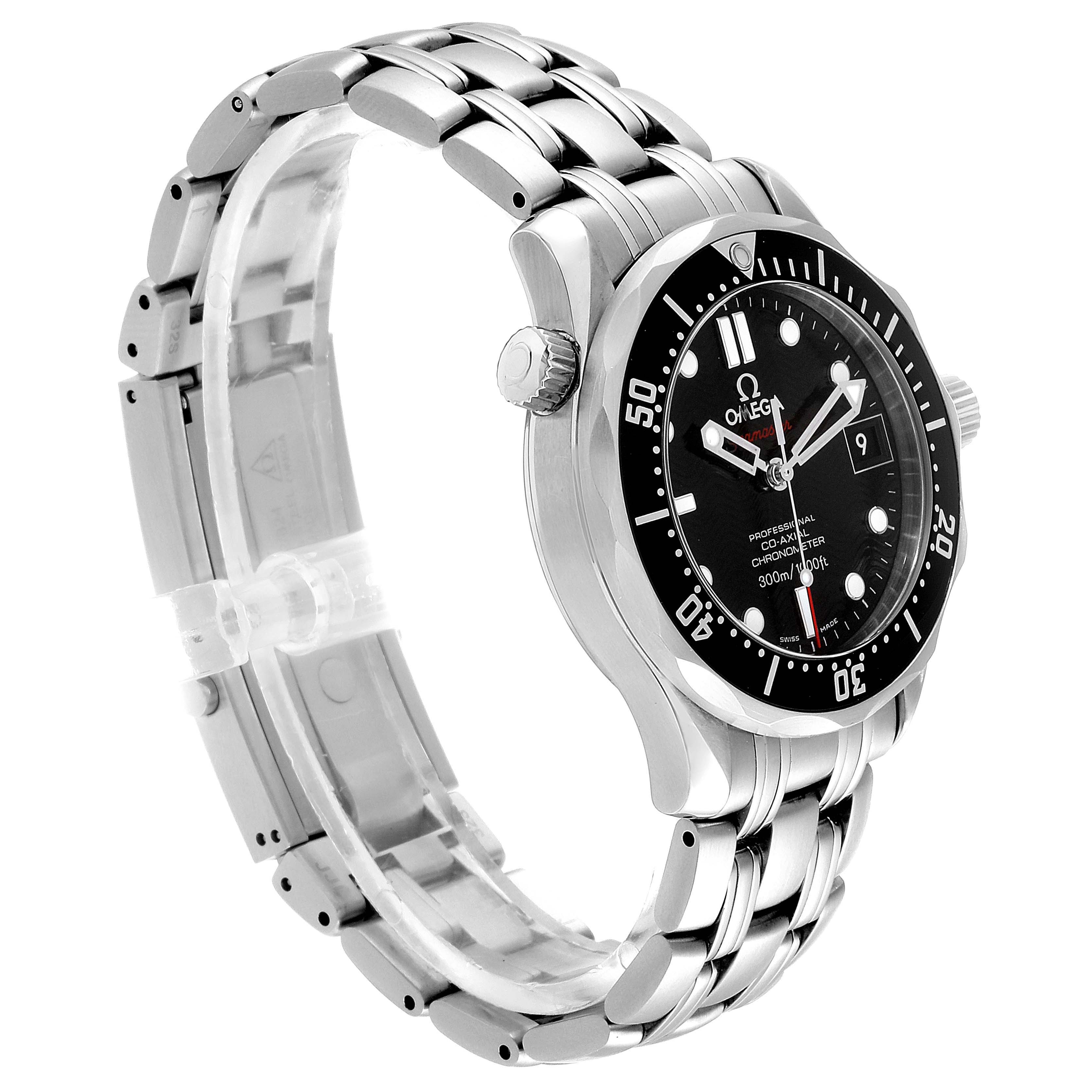 The image shows a side angle of the Omega Seamaster 212.30.36.20.01.001 Men's Stainless Steel Black Dial 212.30.36.20.01.001 Men's Stainless Steel Black Dial watch, highlighting the stainless steel bracelet, bezel, and crown.