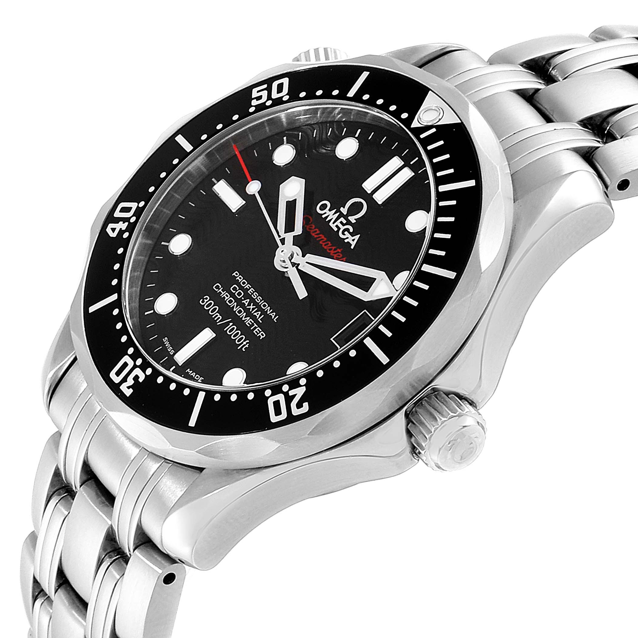 The Omega Seamaster 212.30.36.20.01.001 Men's Stainless Steel Black Dial 212.30.36.20.01.001 Men's Stainless Steel Black Dial watch is pictured from an angled side view, showcasing the face, bezel, crown, and part of the bracelet.