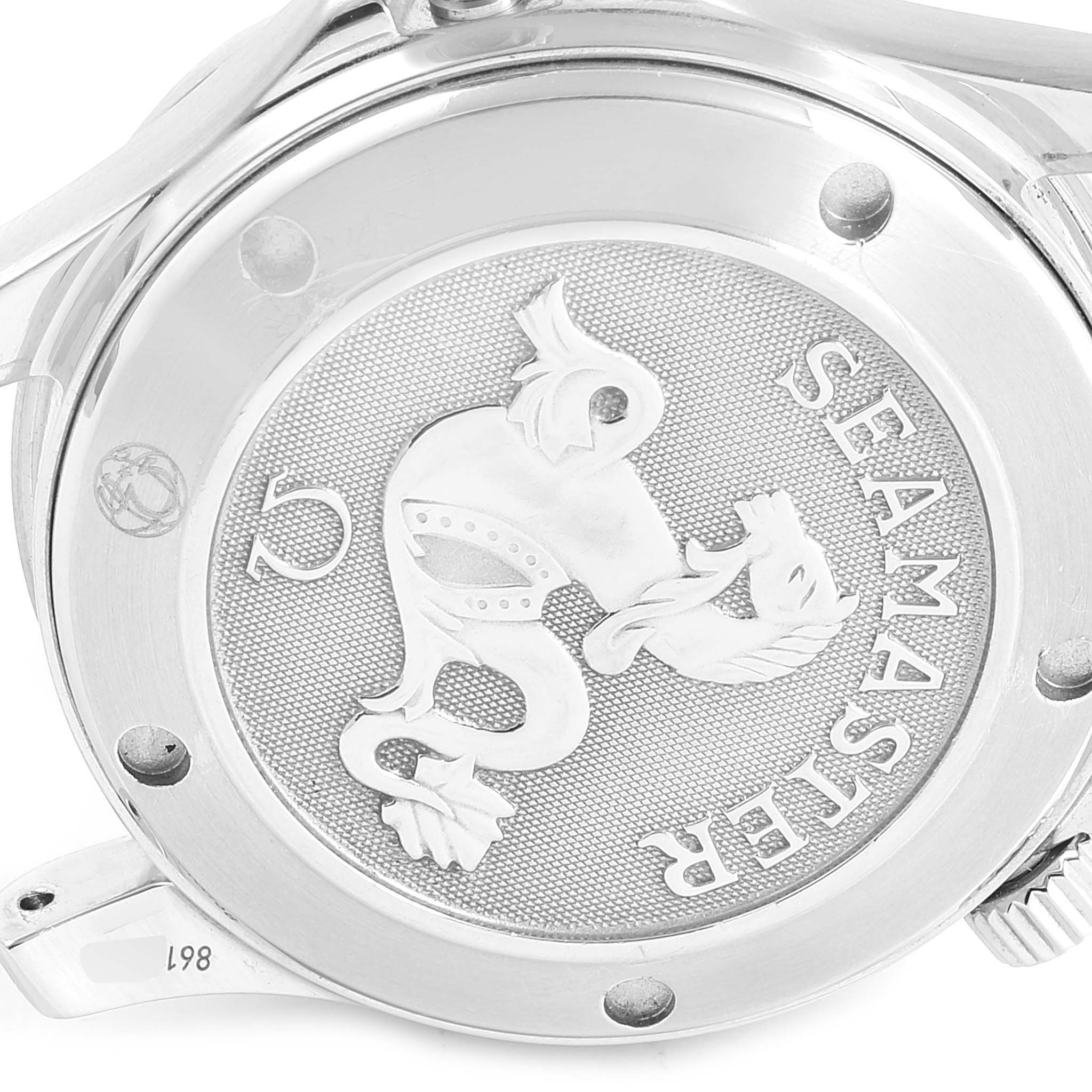 The image shows the back case of an Omega Seamaster 212.30.36.20.01.001 Men's Stainless Steel Black Dial 212.30.36.20.01.001 Men's Stainless Steel Black Dial watch, featuring the logo and inscriptions.