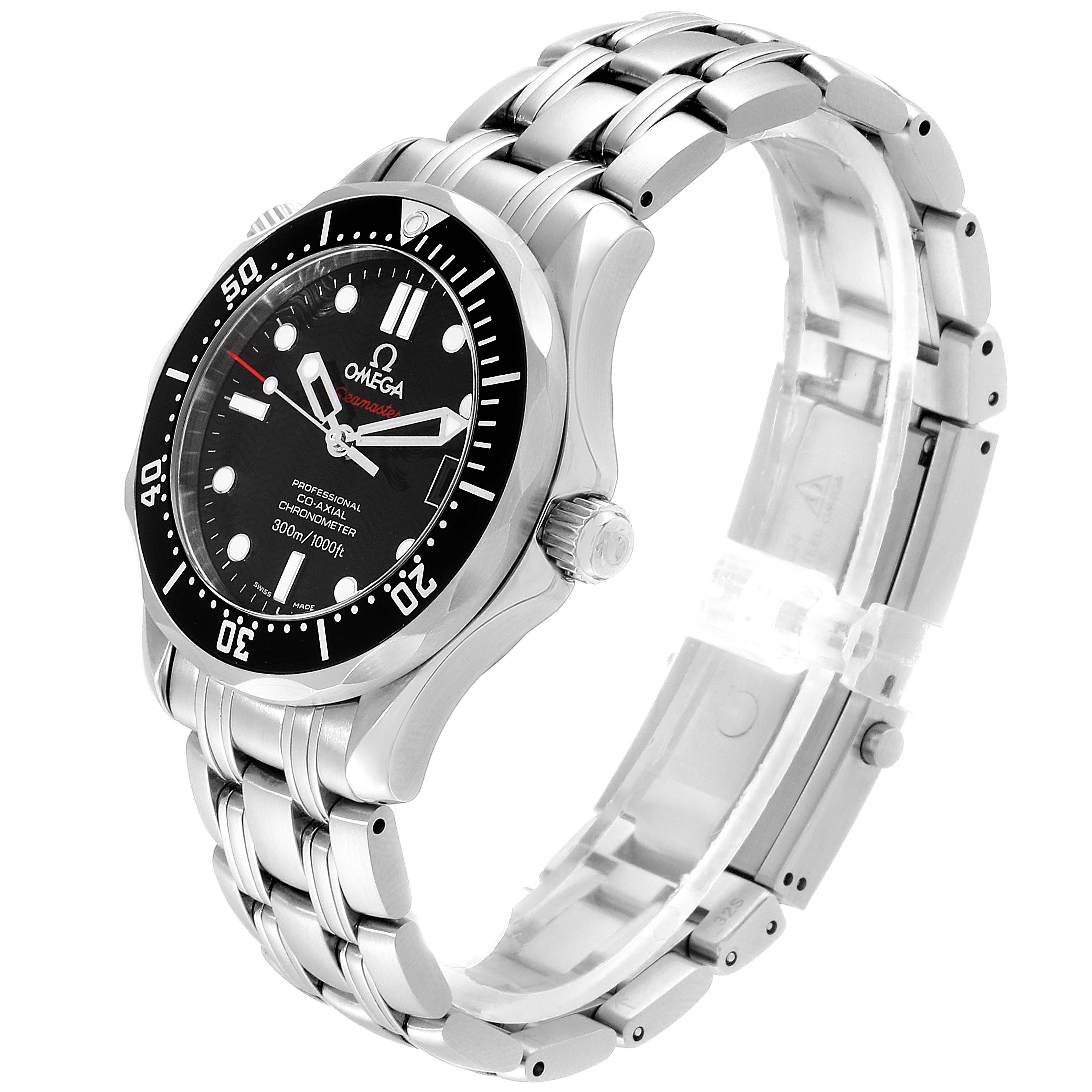 The image shows an Omega Seamaster 212.30.36.20.01.001 Men's Stainless Steel Black Dial 212.30.36.20.01.001 Men's Stainless Steel Black Dial watch at a 3/4 angle, highlighting the face, bezel, crown, and metal bracelet.