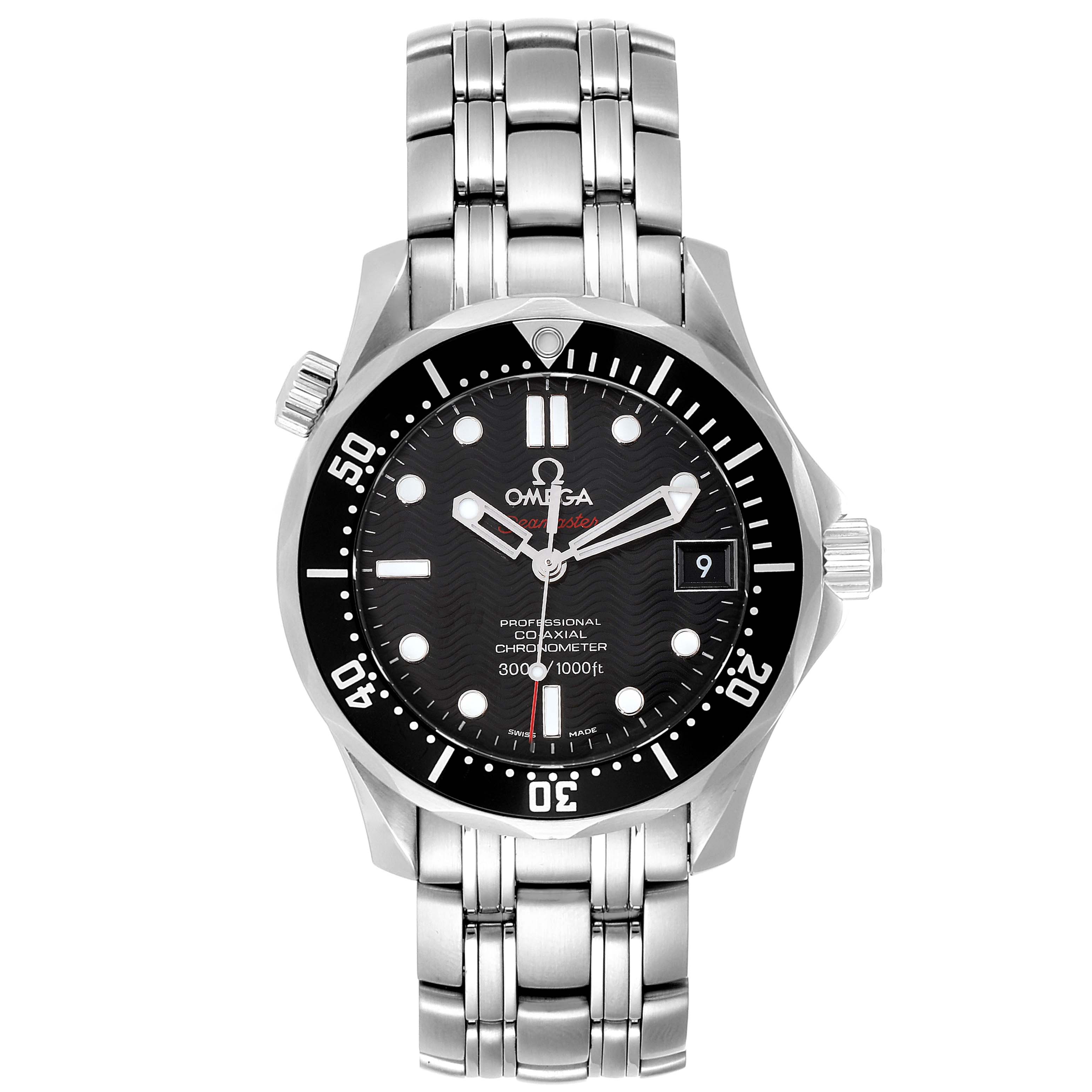 The Omega Seamaster 212.30.36.20.01.001 Men's Stainless Steel Black Dial 212.30.36.20.01.001 Men's Stainless Steel Black Dial model watch is shown from a front angle with a focus on its face and metal bracelet.
